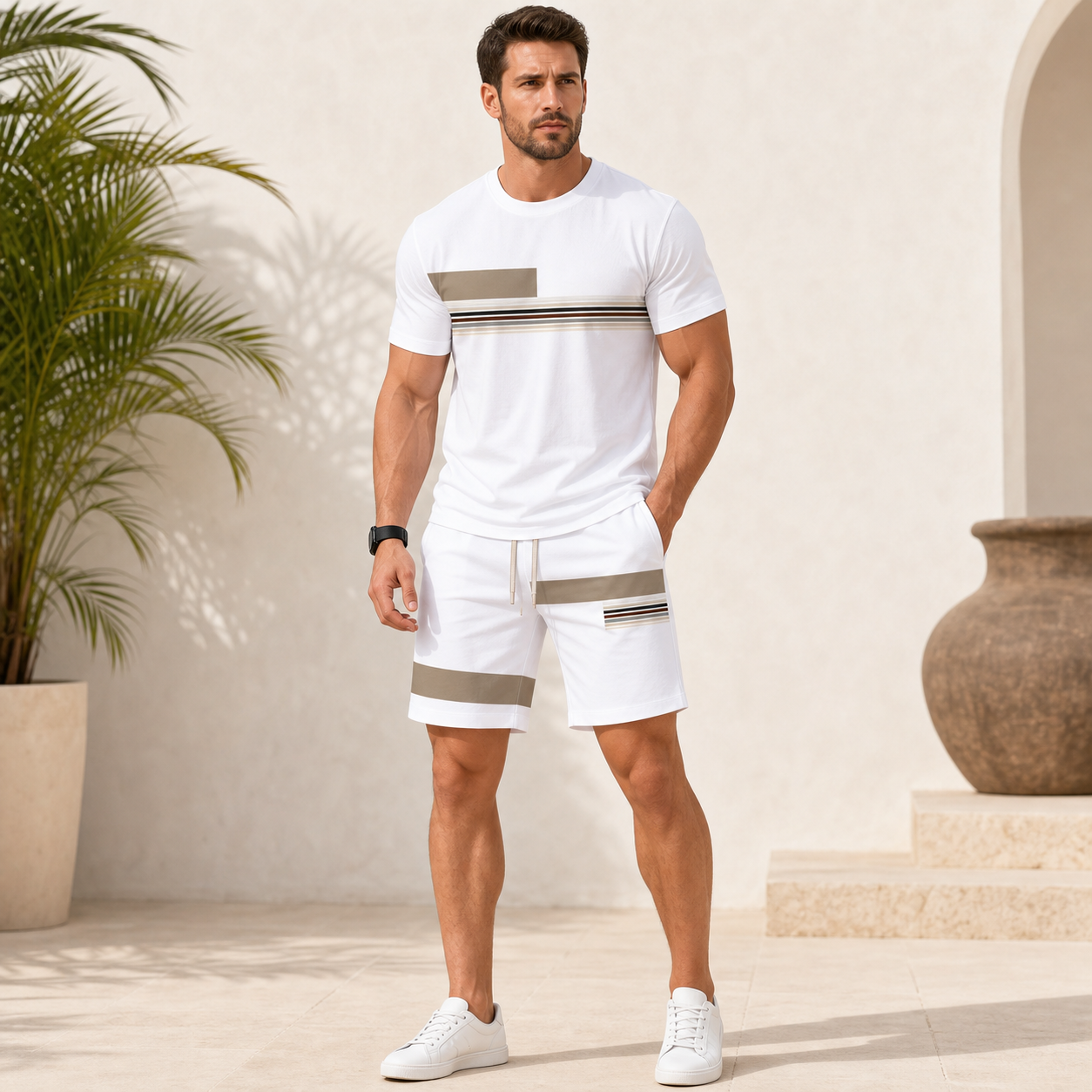 White single color mens summer matching set model