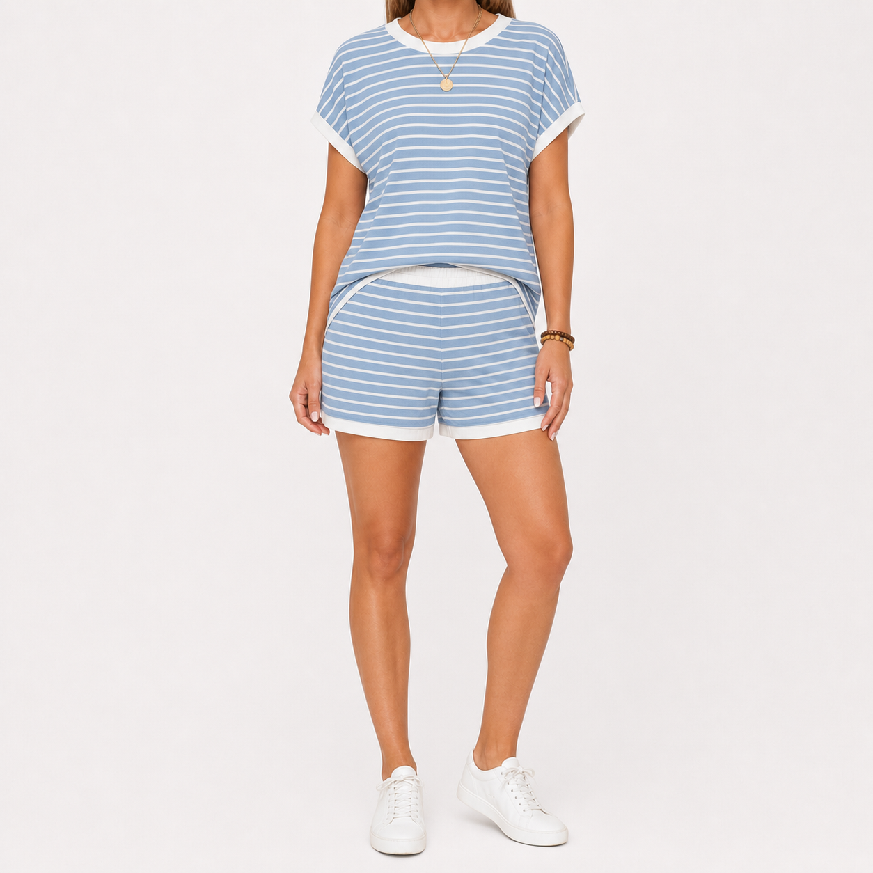 Women's Striped Contrast-Trim Top & Shorts Lounge Set