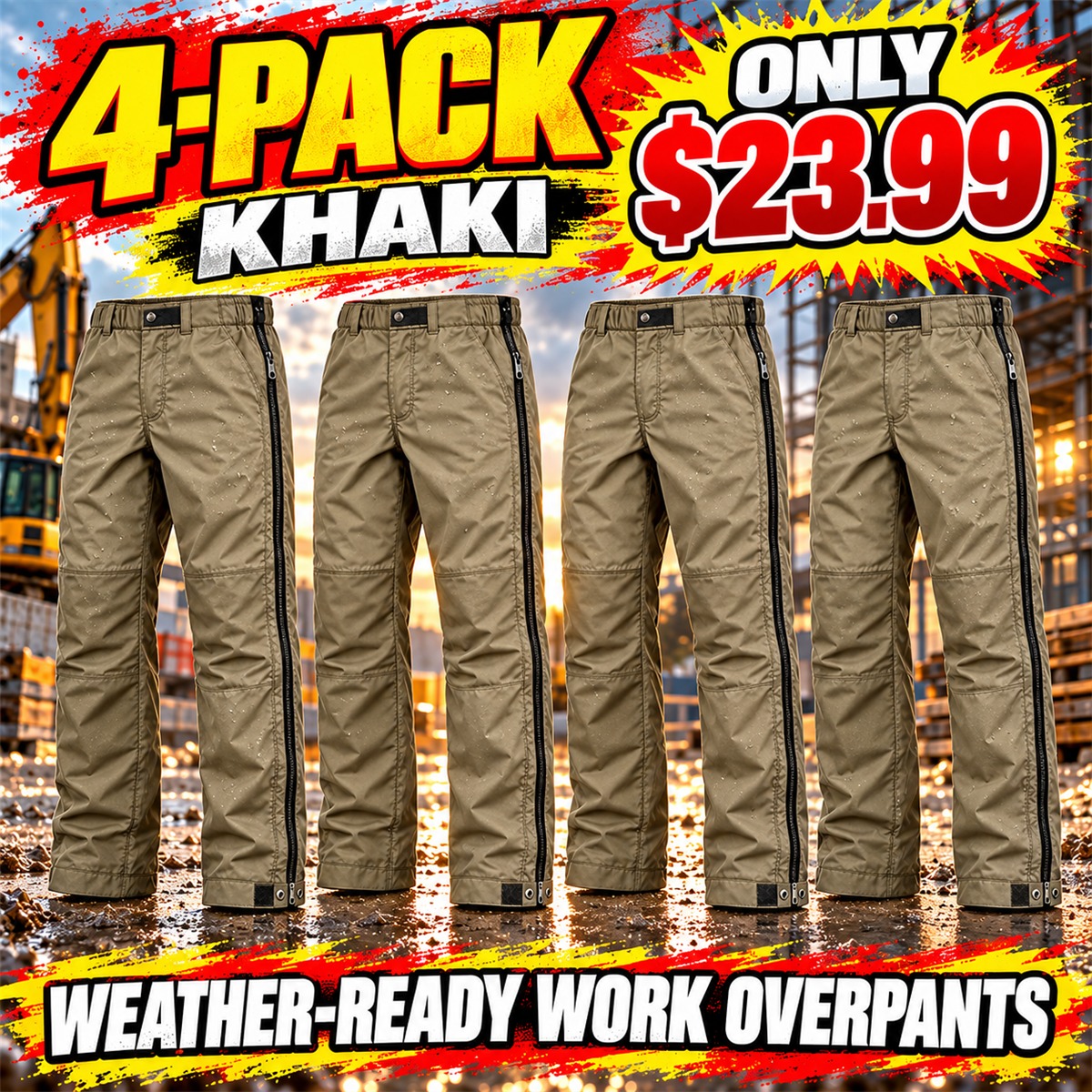 Men's Full-Side-Zip Weather Overpants Multipacks - 4-Pack - Khaki - $23.99