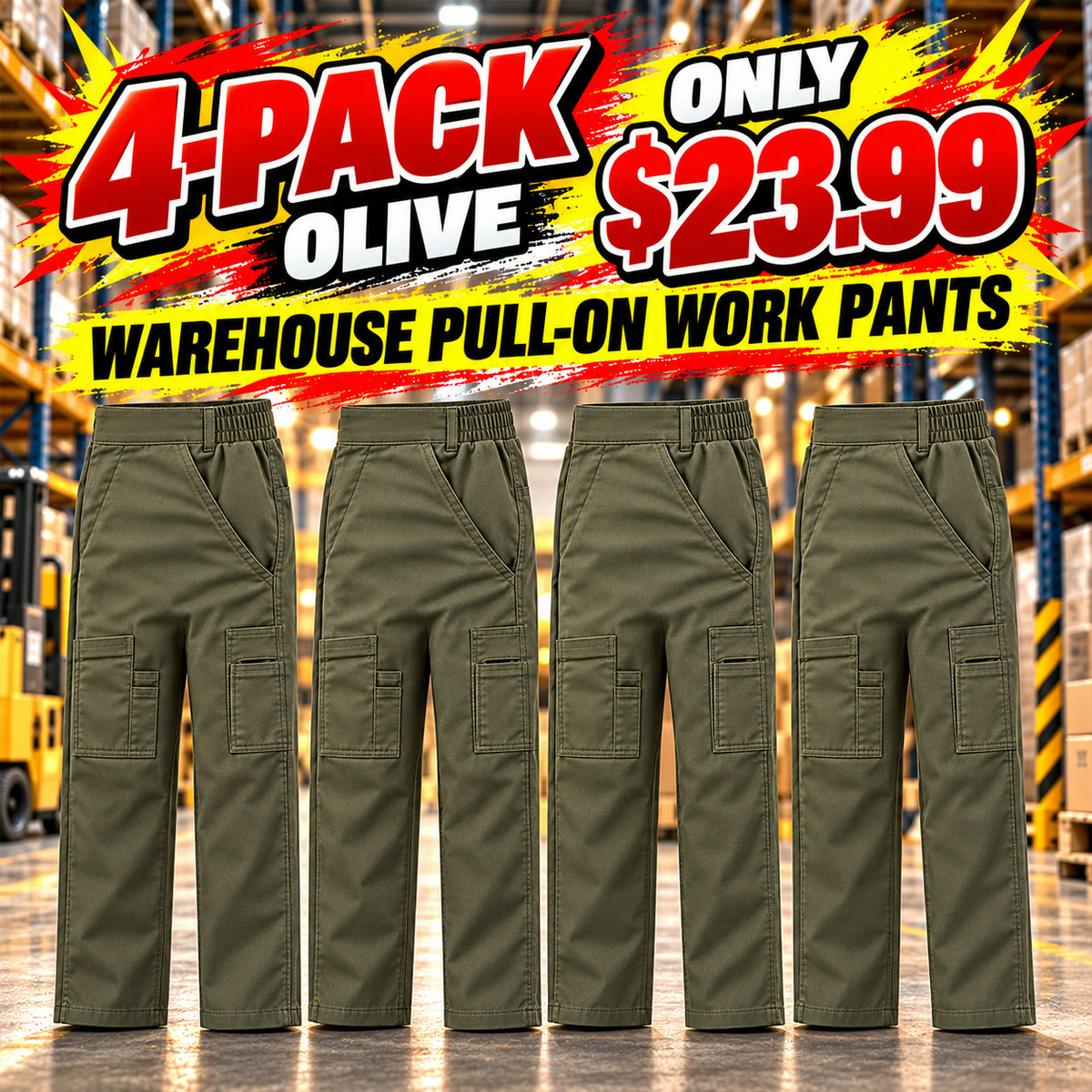 Men's Side-Elastic Pull-On Warehouse Work Pants Multipacks - 4-Pack - Olive - $23.99
