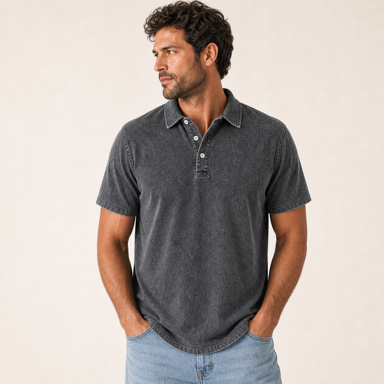 Charcoal single color washed denim polo model