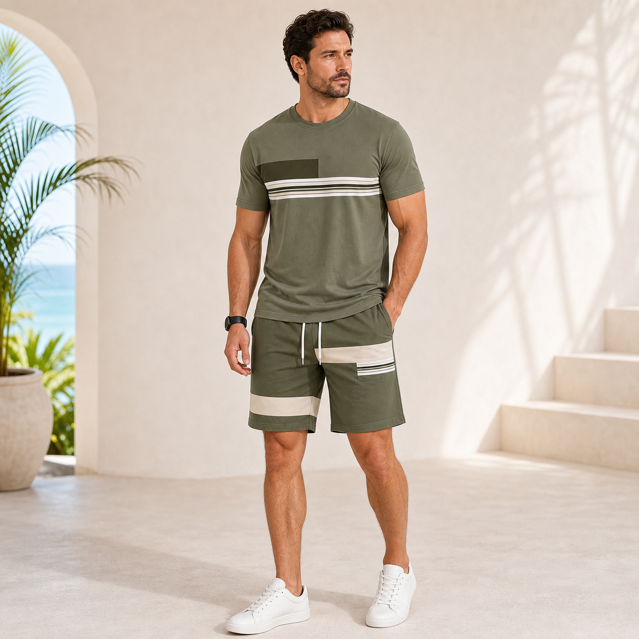 Olive single color mens summer matching set model