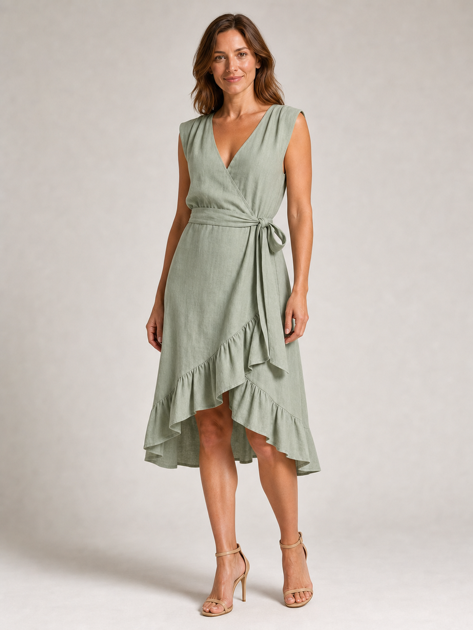⏰Seasonal Clearance Sale🔥Women's V-Neck Sash Waist High-Low Ruffle Wrap Midi Dress