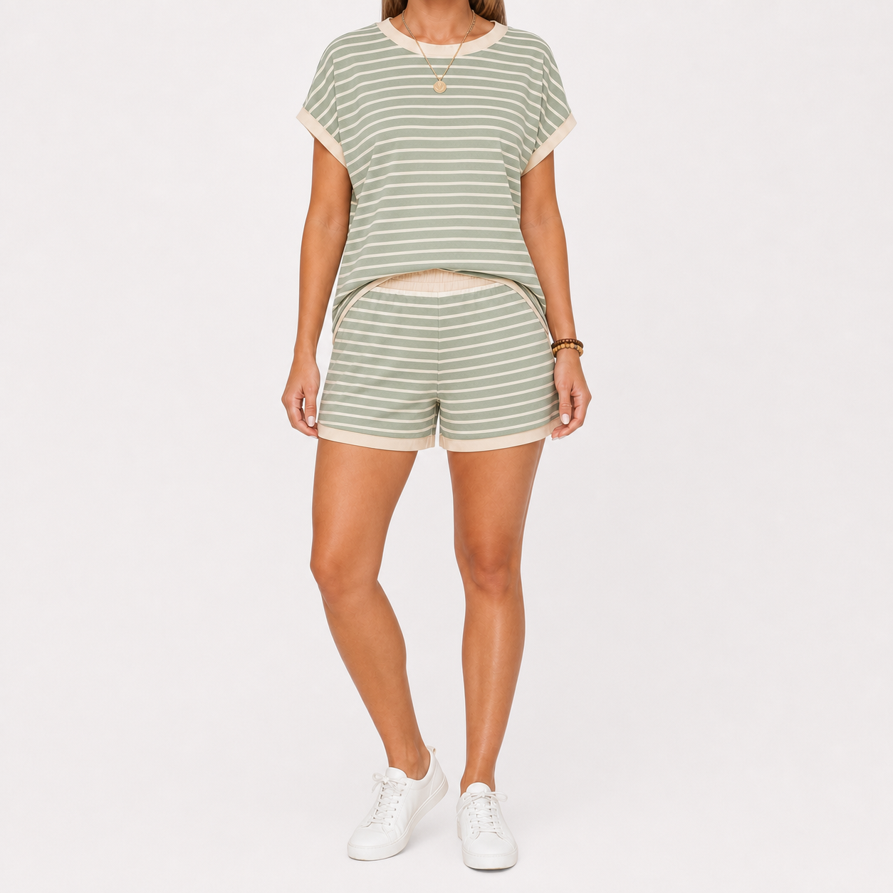 Women's Striped Contrast-Trim Top & Shorts Lounge Set