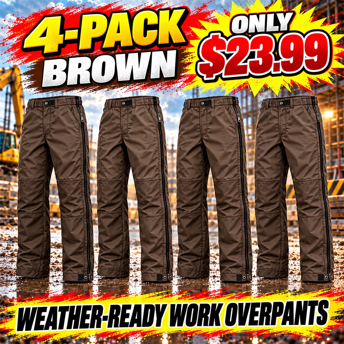 Men's Full-Side-Zip Weather Overpants Multipacks - 4-Pack - Brown - $23.99