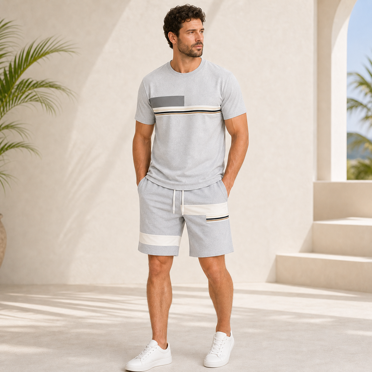 Light Gray single color mens summer matching set model