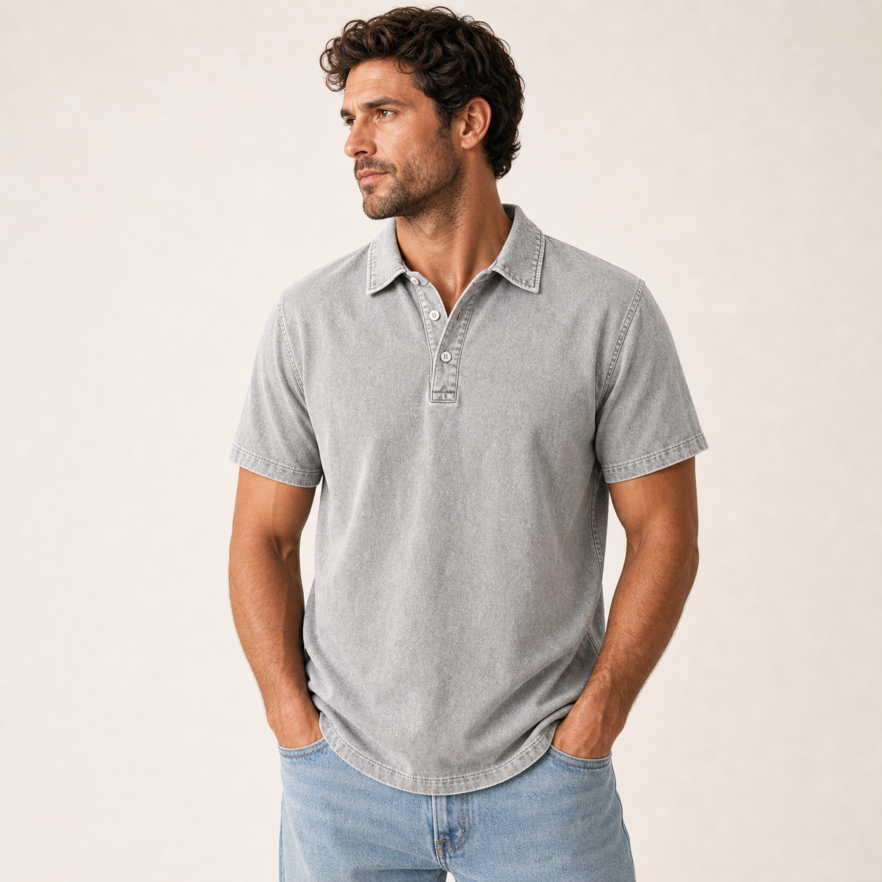 Light Gray single color washed denim polo model