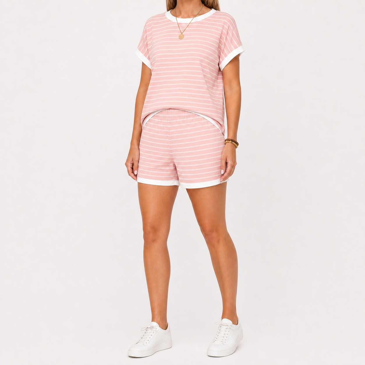 Women's Striped Contrast-Trim Top & Shorts Lounge Set