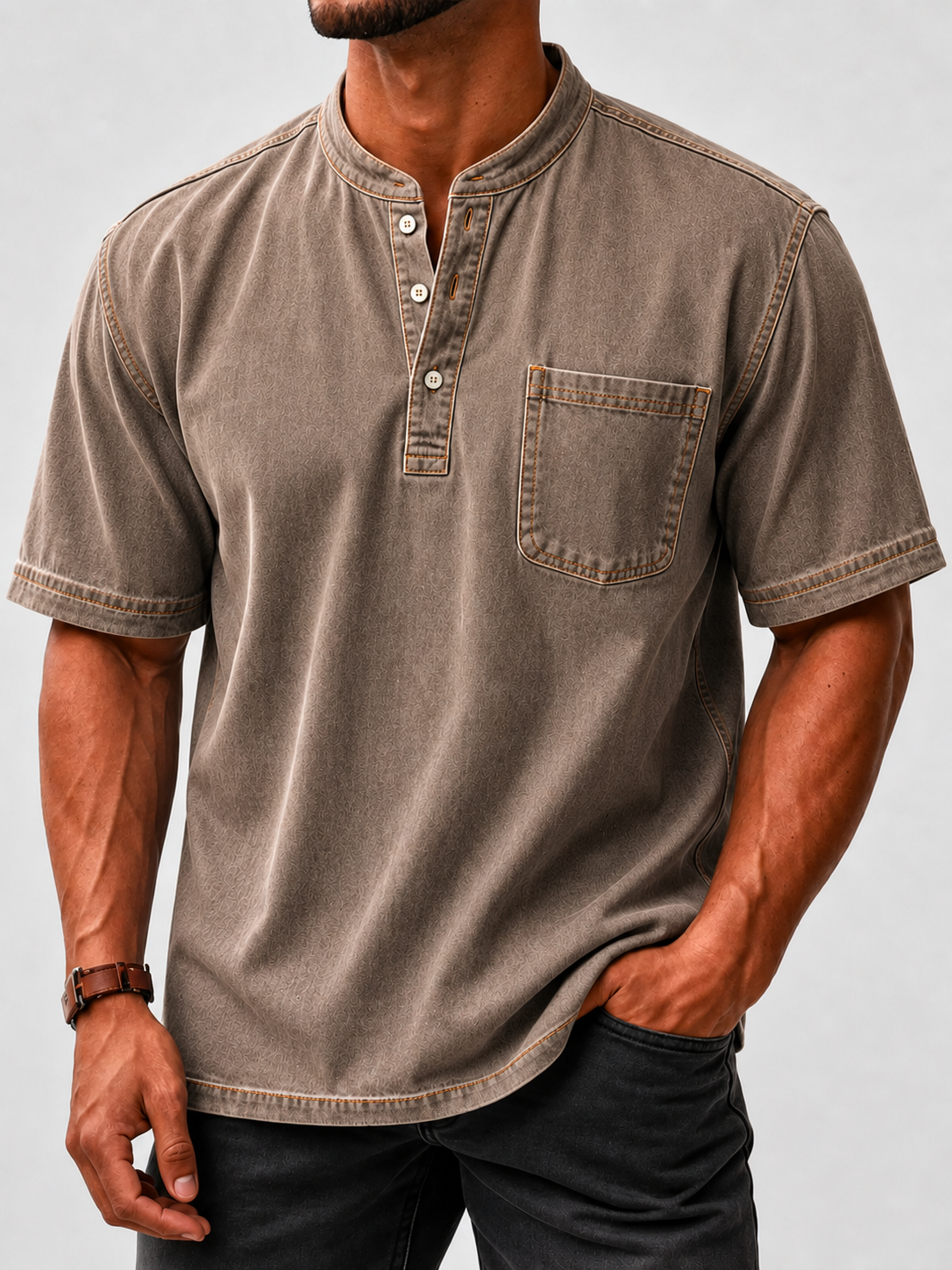 Limited Deal 8-Pack Men's Washed Stand Collar Henley Shirts, Short Sleeve Relaxed Fit Pocket Tops