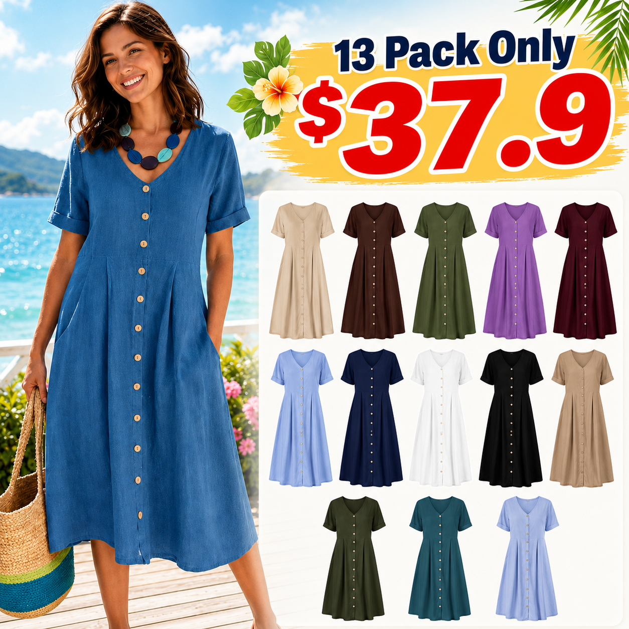 Seasonal Clearance Sale🔥13-PackOnly $37.9  Women’s Casual Button-Front Midi Dress with Pockets