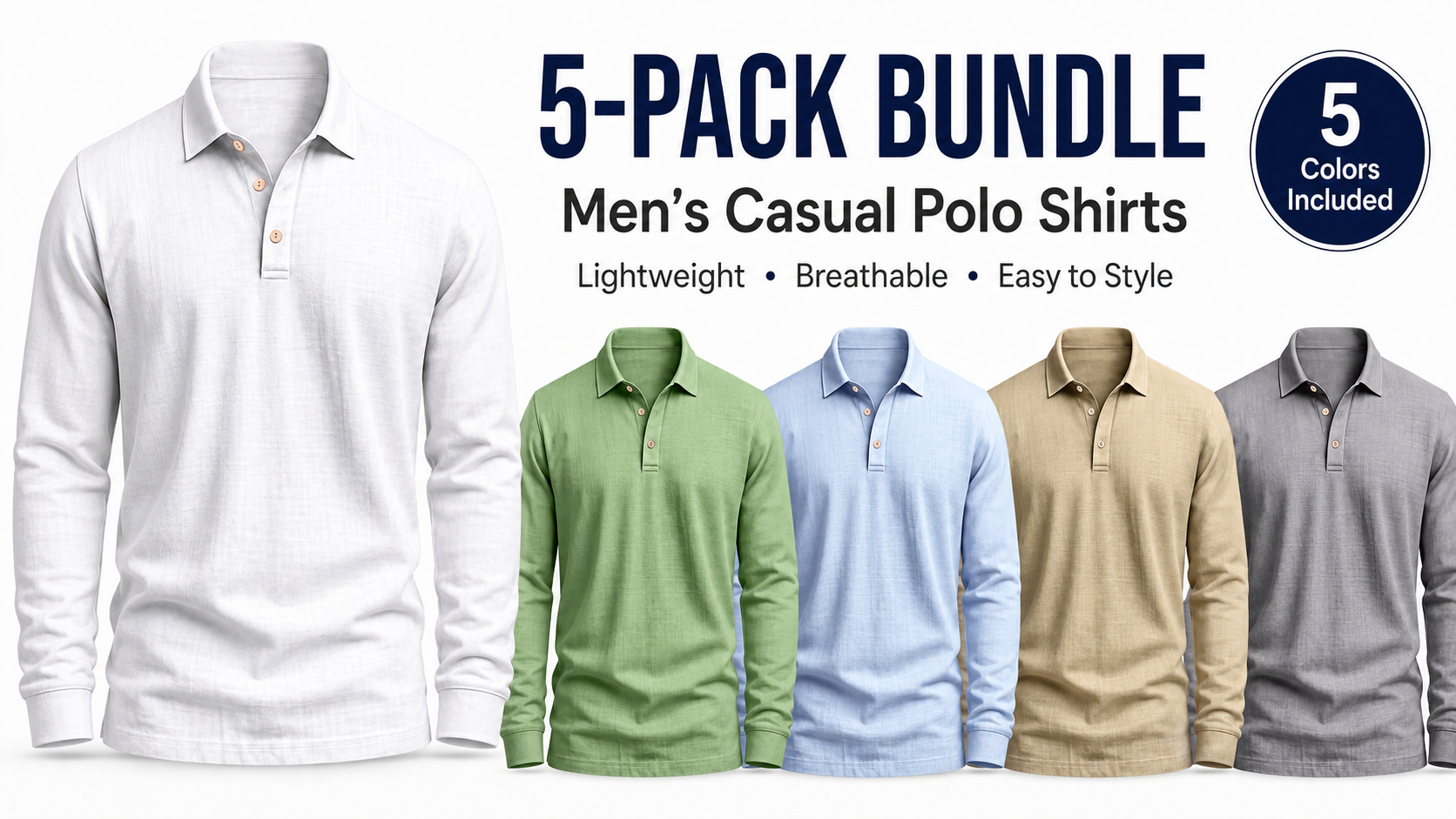 🔥10-Pack Men's Long Sleeve Polo Shirts – Mixed Color Bundle