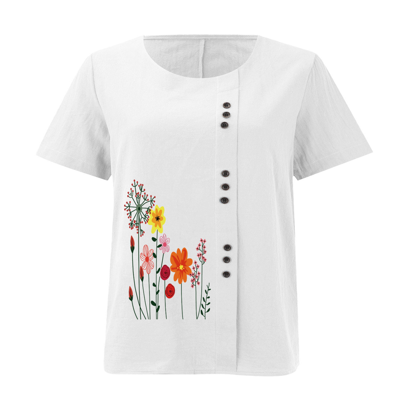 Women’s Floral Print Side Button Top – Casual Elegant Short Sleeve Blouse