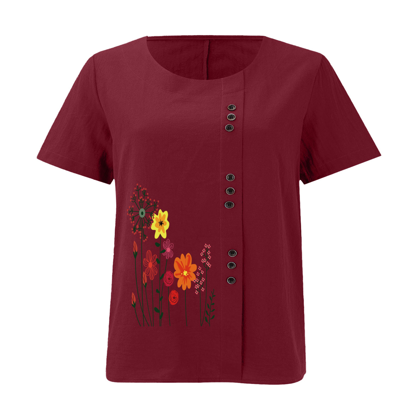 Women’s Floral Print Side Button Top – Casual Elegant Short Sleeve Blouse