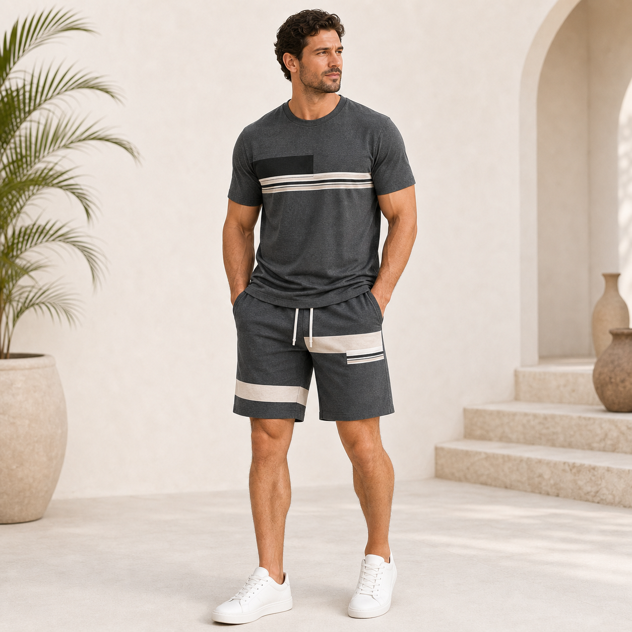 Charcoal single color mens summer matching set model
