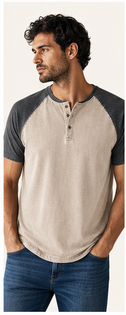 Sand washed raglan henley model