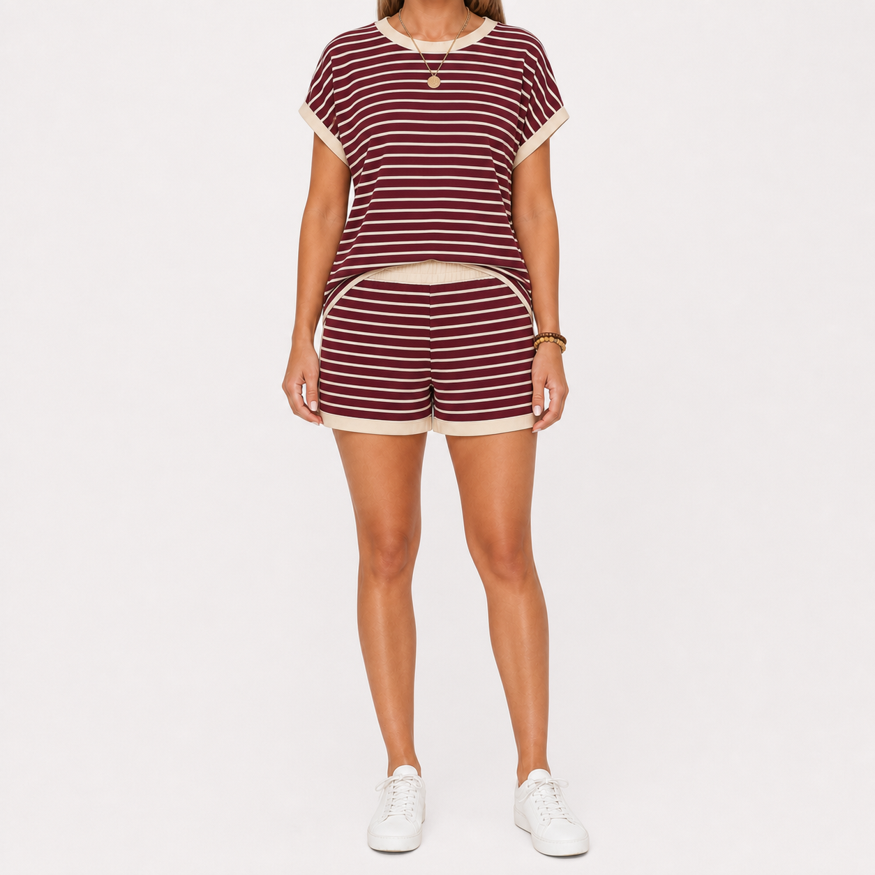 Women's Striped Contrast-Trim Top & Shorts Lounge Set