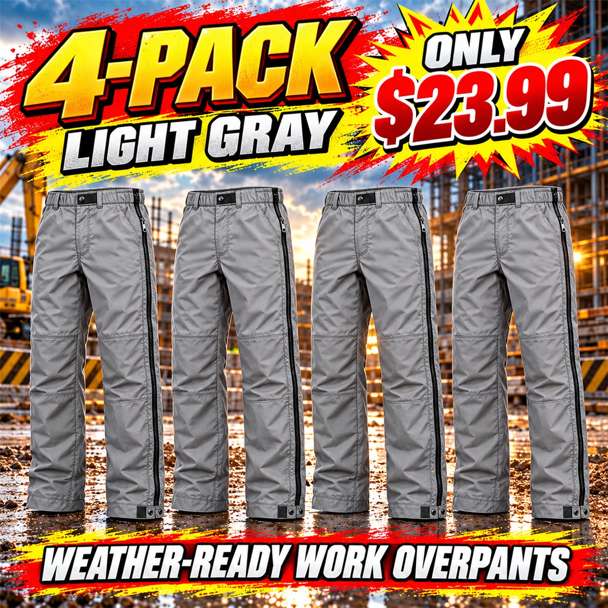 Men's Full-Side-Zip Weather Overpants Multipacks - 4-Pack - Light Gray - $23.99