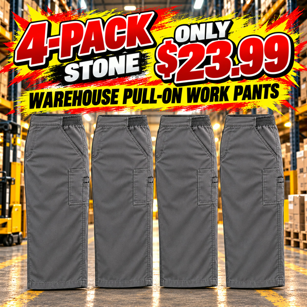 Men's Side-Elastic Pull-On Warehouse Work Pants Multipacks - 4-Pack - Stone - $23.99