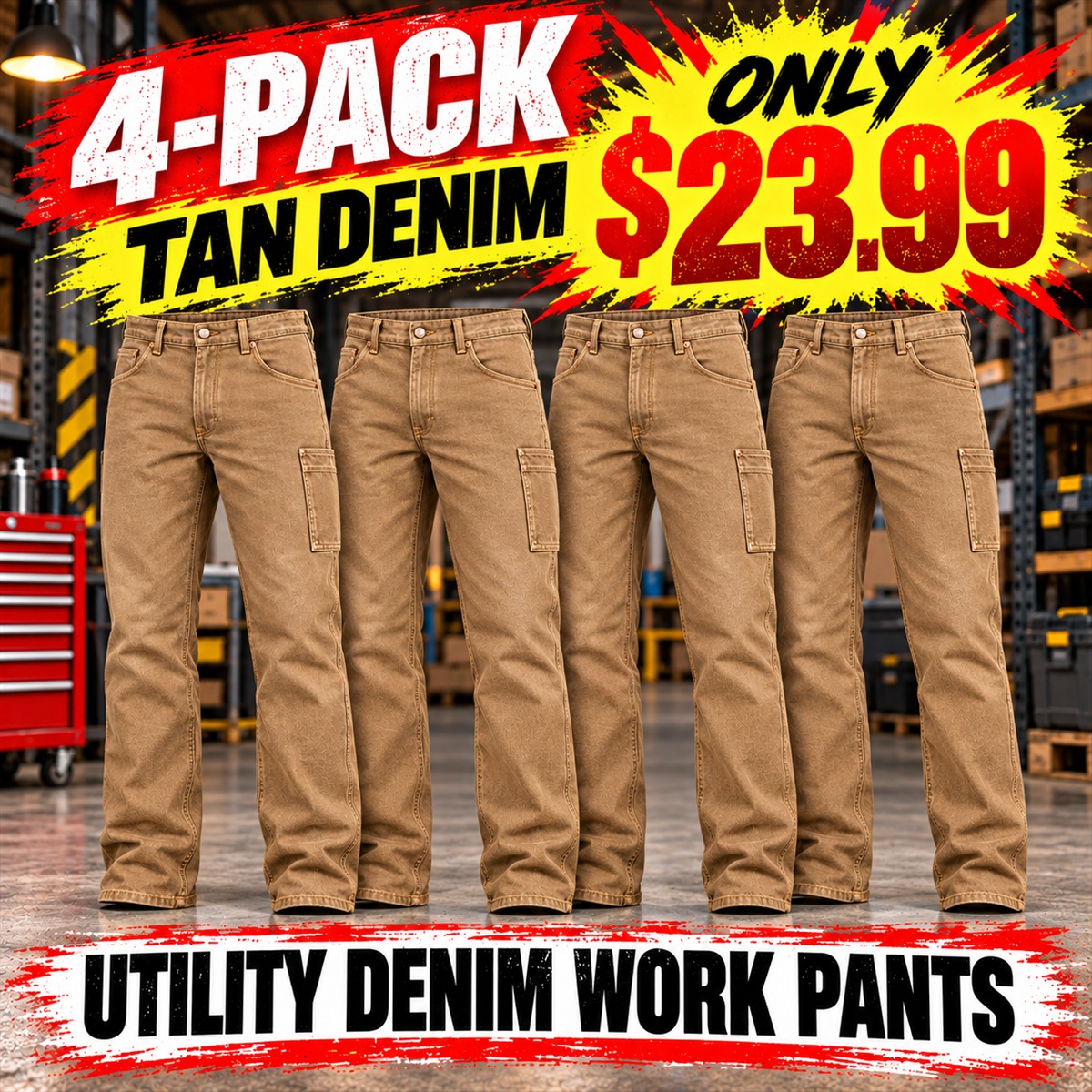 Men's Utility Denim Work Jeans with Gusset & Phone Pocket Multipacks - 4-Pack - Tan Denim - $23.99