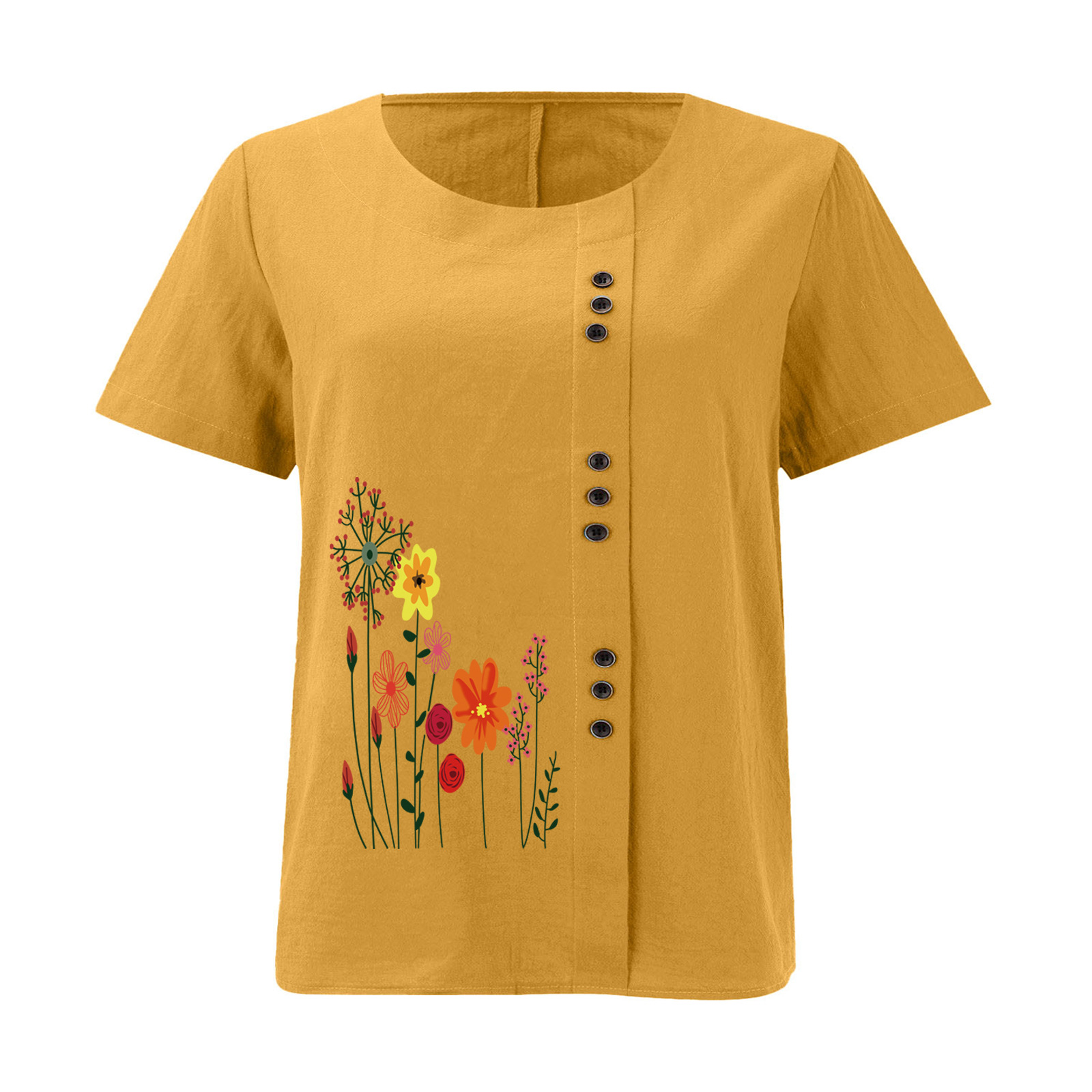 Women’s Floral Print Side Button Top – Casual Elegant Short Sleeve Blouse