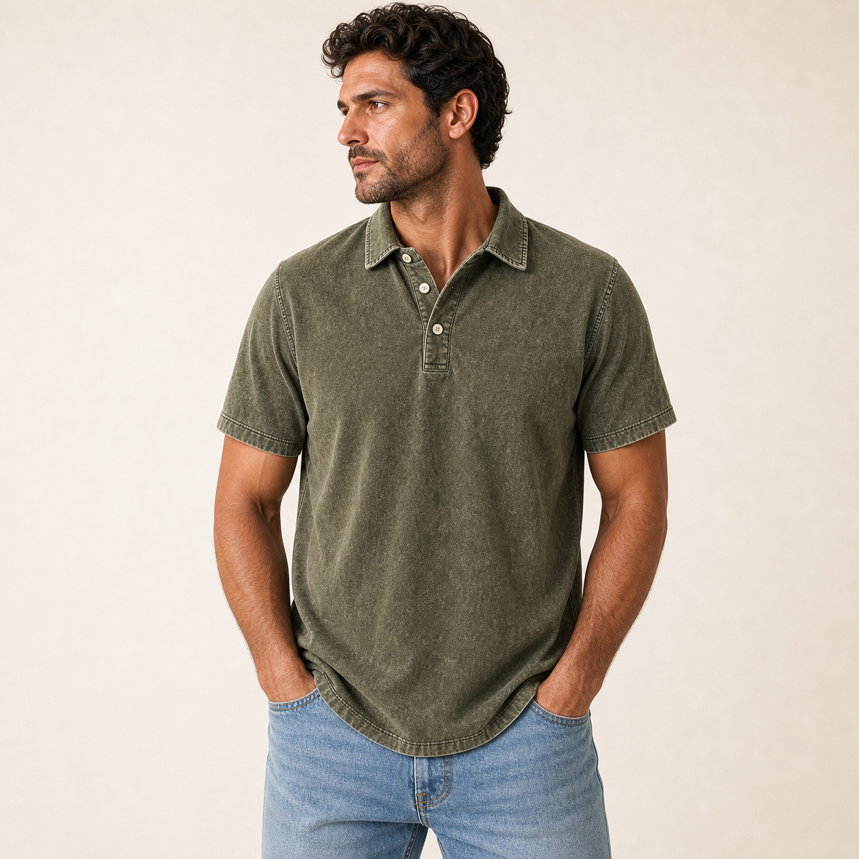 Olive single color washed denim polo model