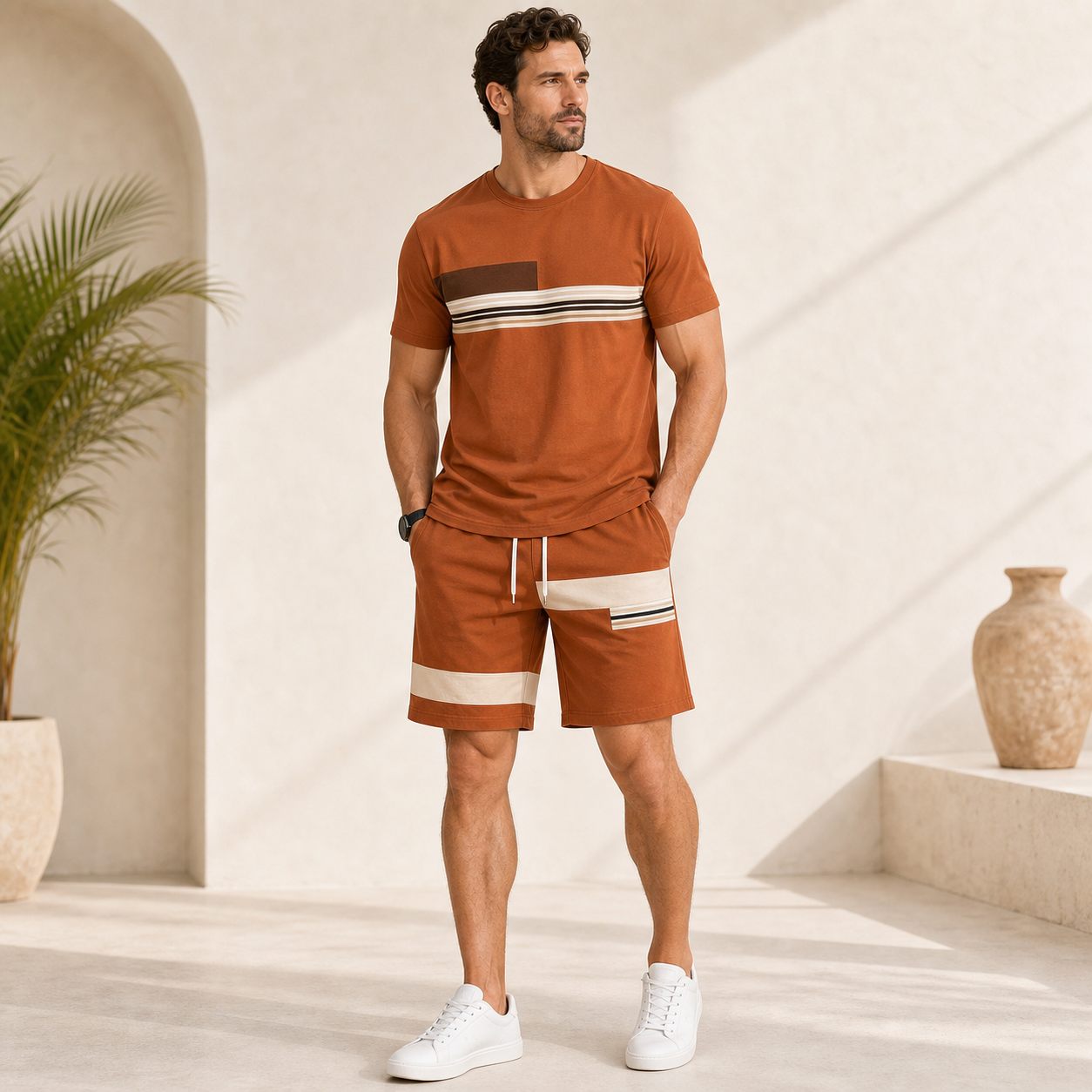 Rust Brown single color mens summer matching set model