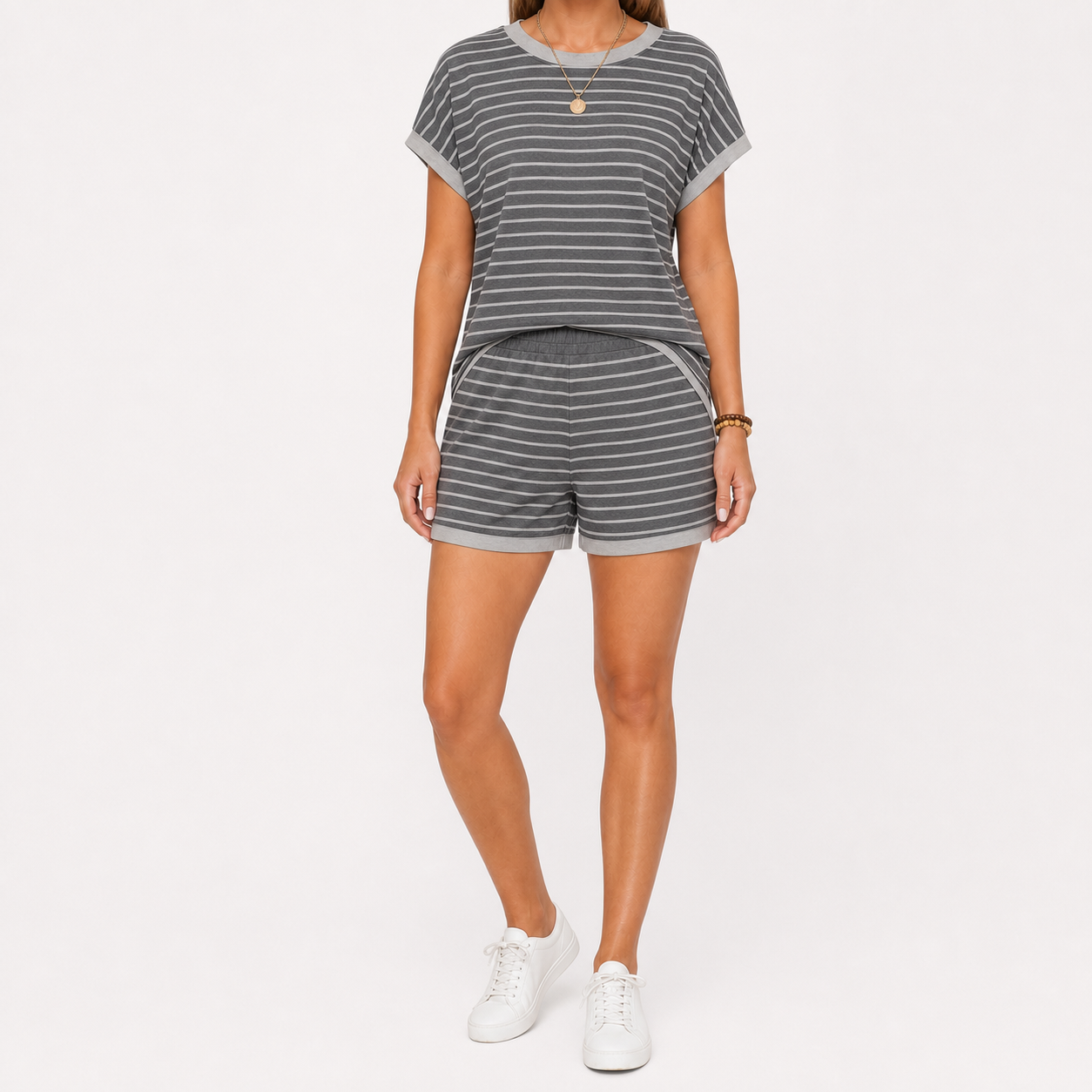 Women's Striped Contrast-Trim Top & Shorts Lounge Set