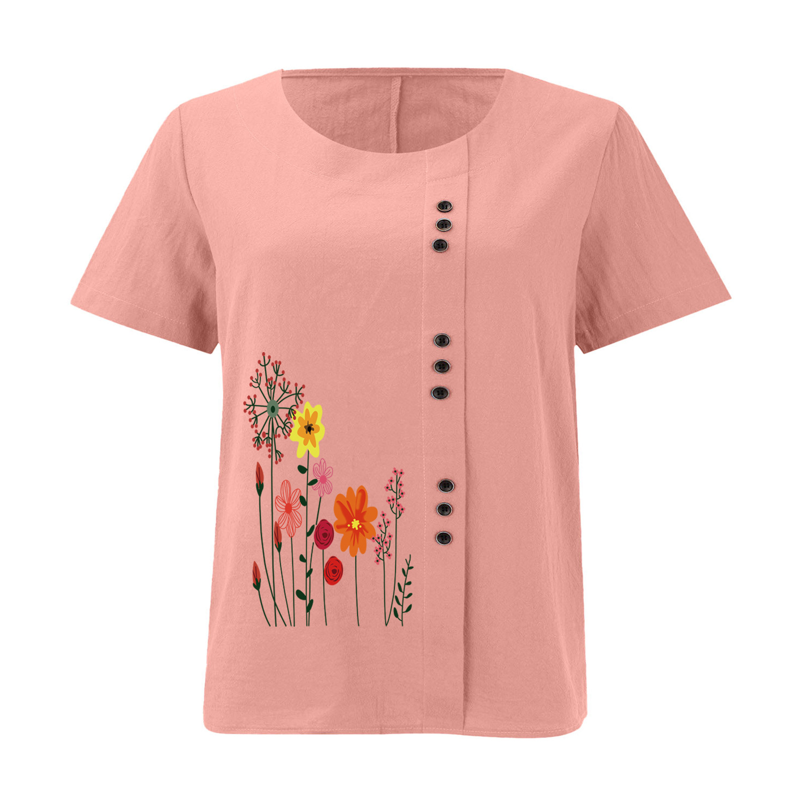 Women’s Floral Print Side Button Top – Casual Elegant Short Sleeve Blouse