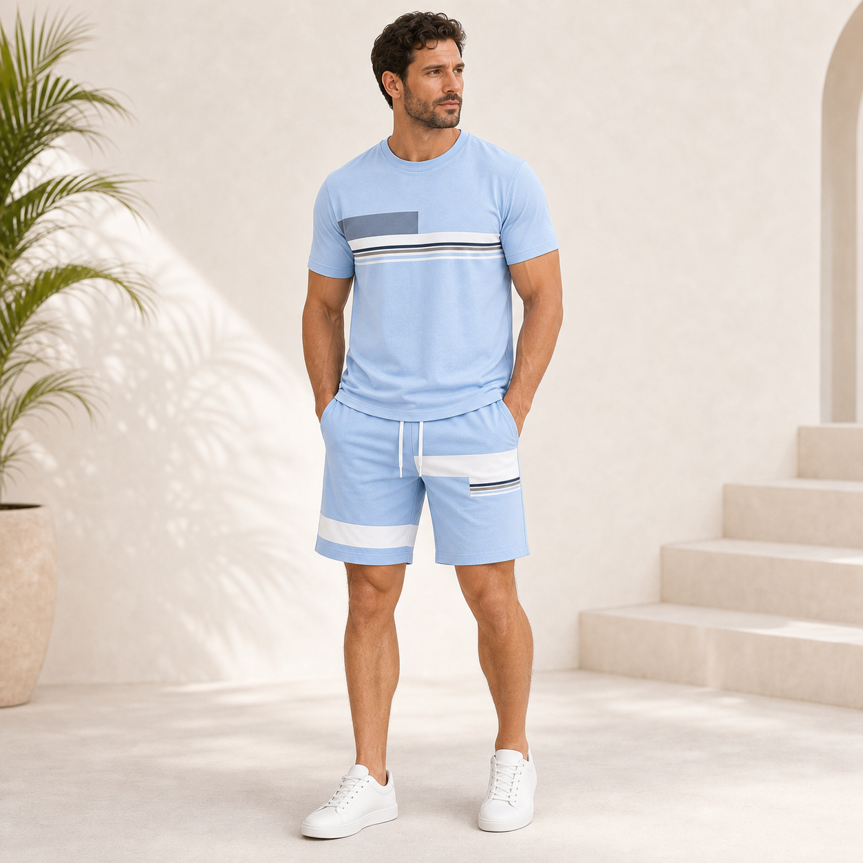 Light Blue single color mens summer matching set model