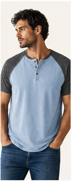 Light blue washed raglan henley model