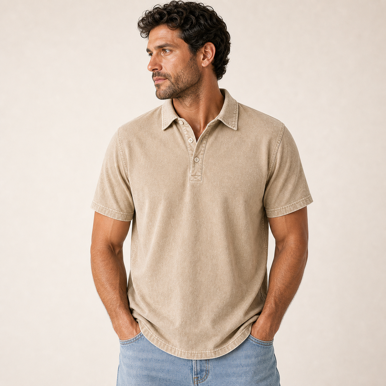 Sand single color washed denim polo model