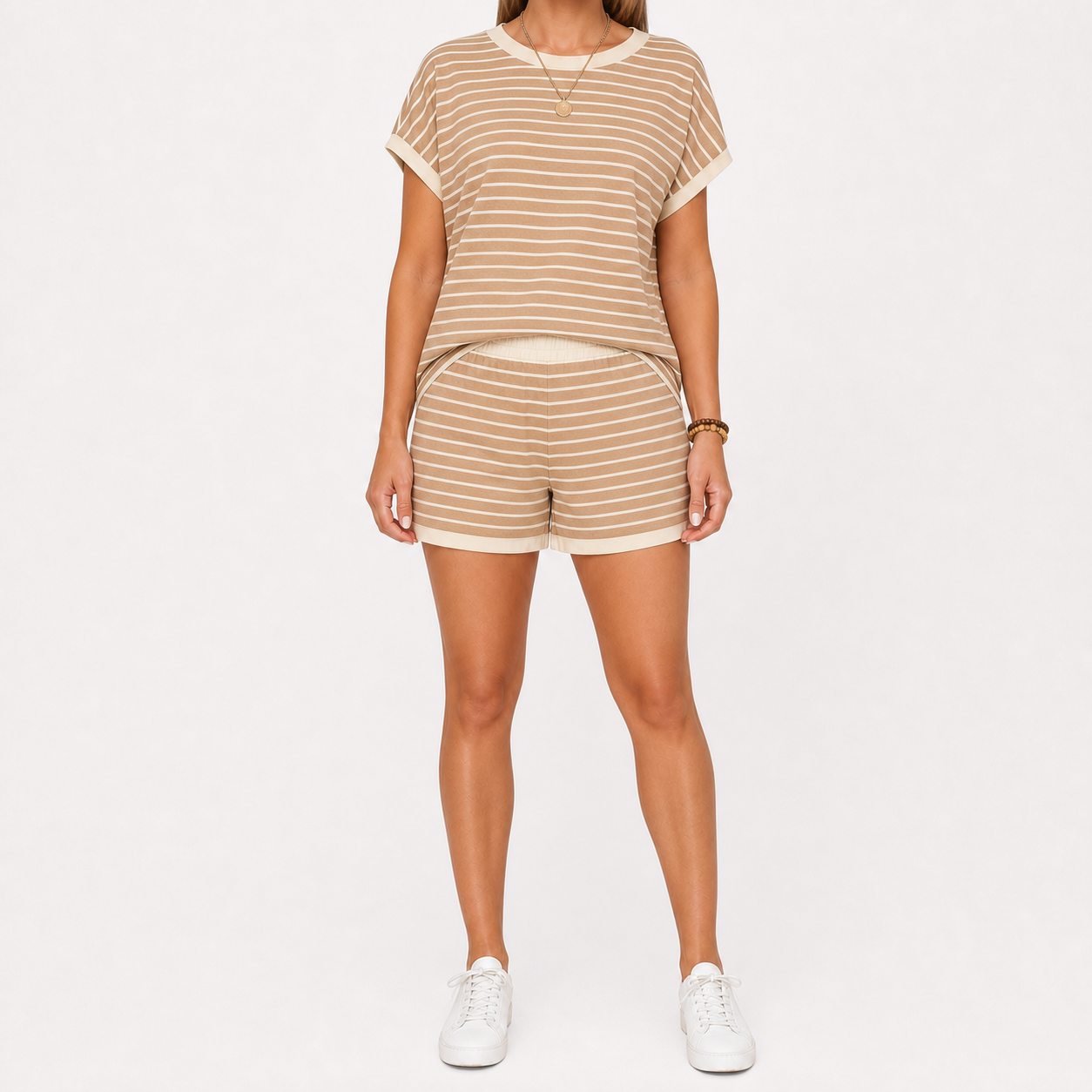 Women's Striped Contrast-Trim Top & Shorts Lounge Set