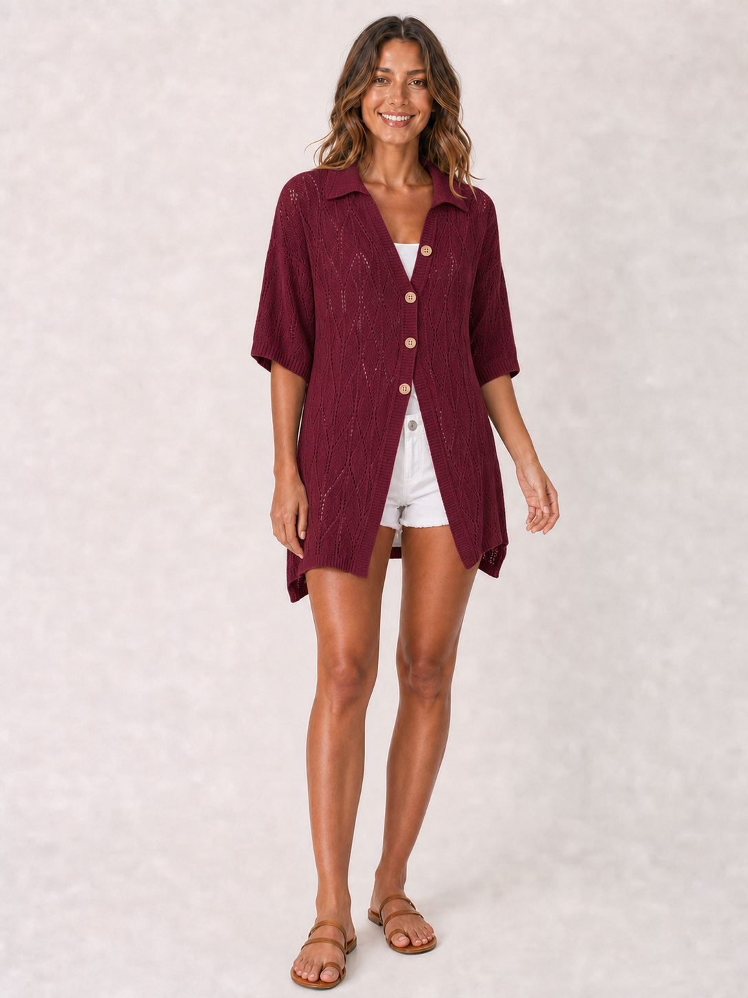 ⏰Seasonal Clearance Sale🔥Women's Longline Openwork Knit Collared Cardigan