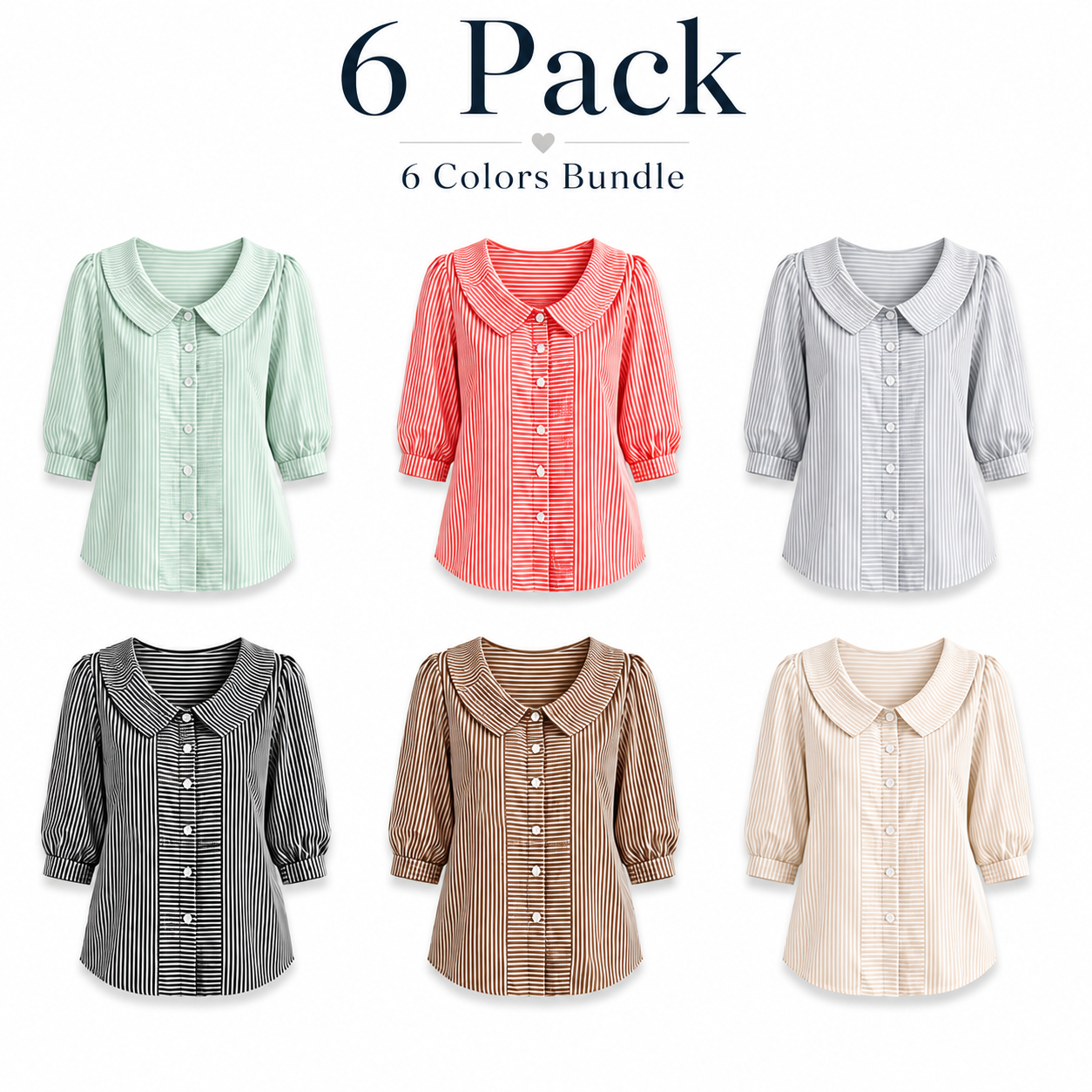 Women’s Peter Pan Collar Striped Button-Up Blouse with Puff Sleeves