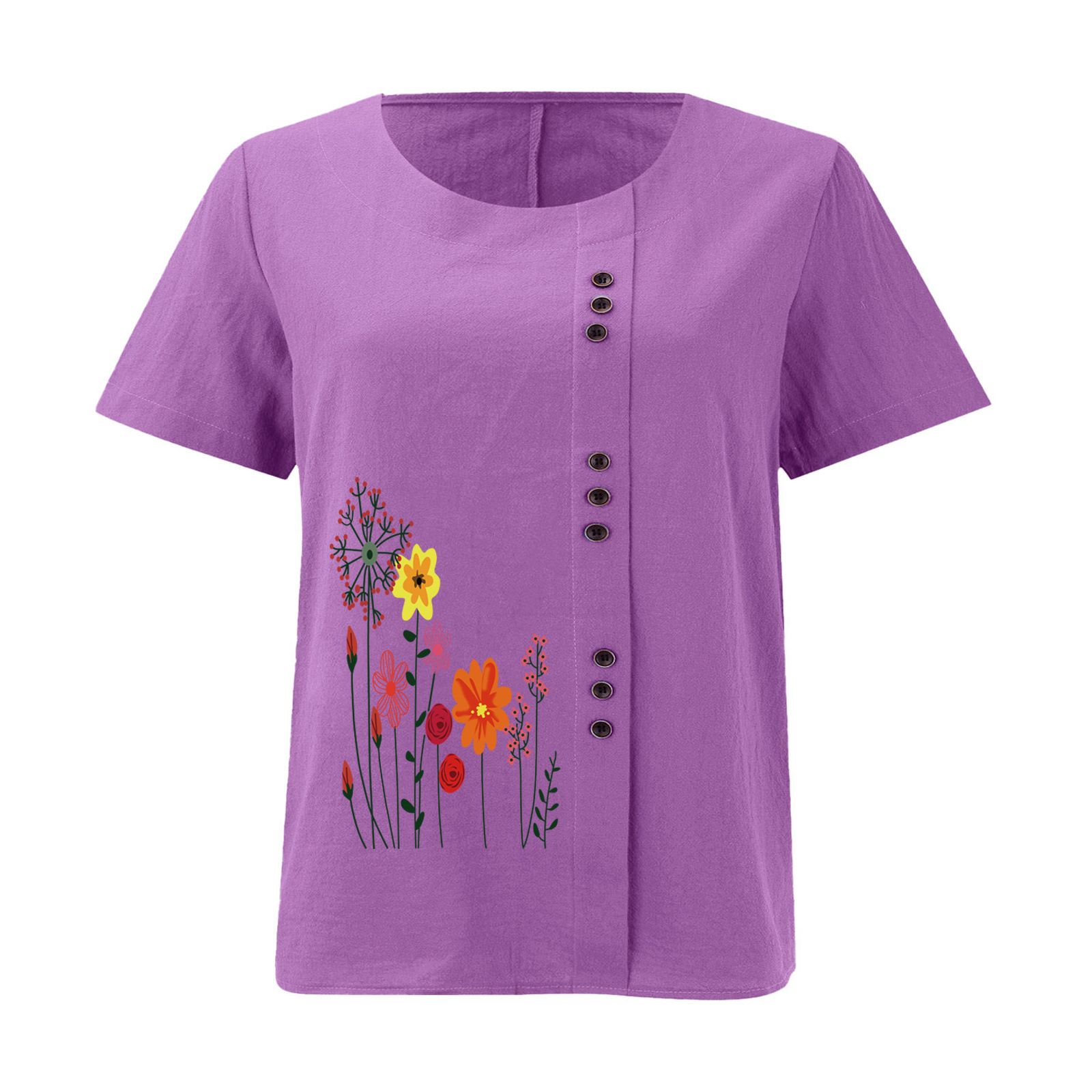 Women’s Floral Print Side Button Top – Casual Elegant Short Sleeve Blouse