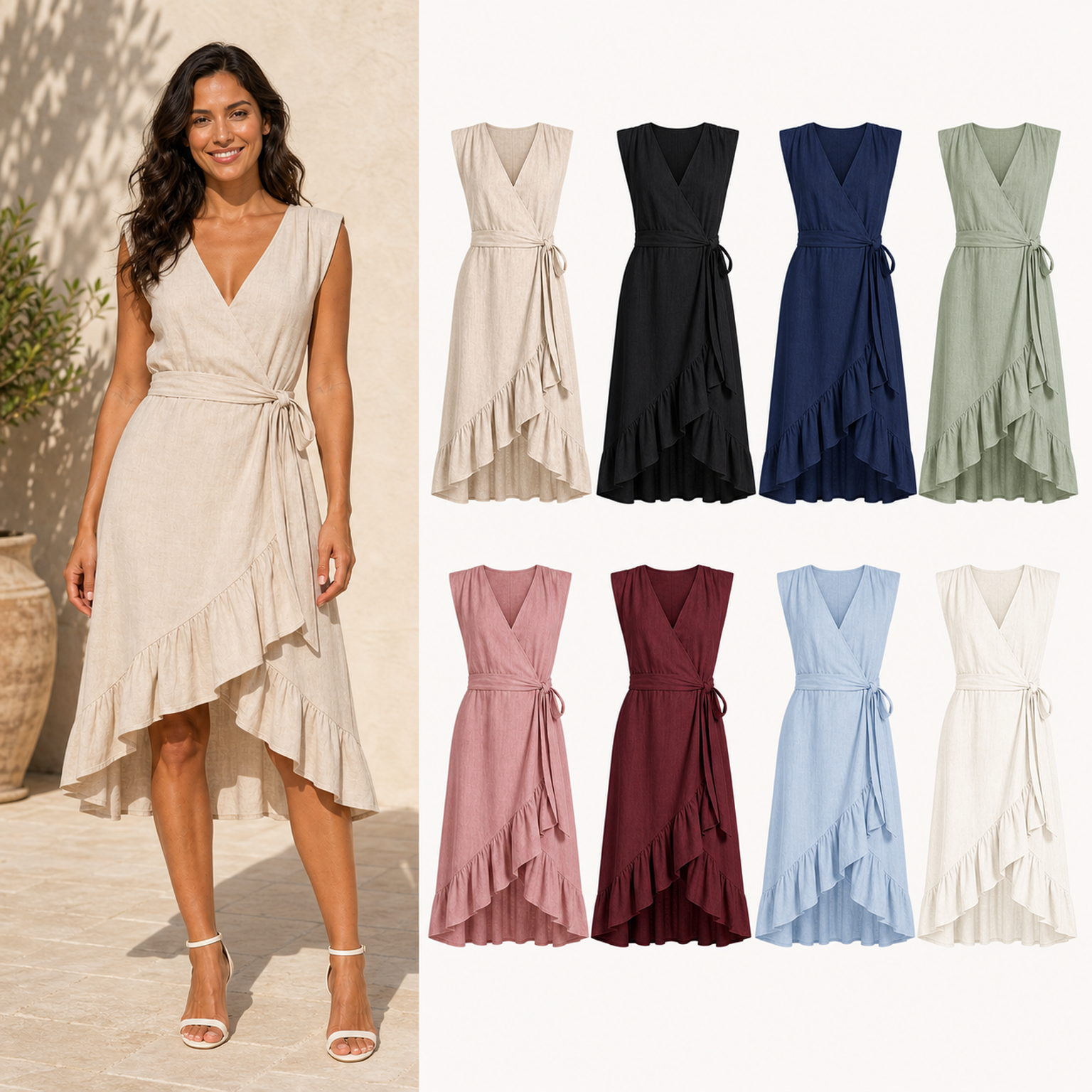 ⏰Seasonal Clearance Sale🔥Women's V-Neck Sash Waist High-Low Ruffle Wrap Midi Dress