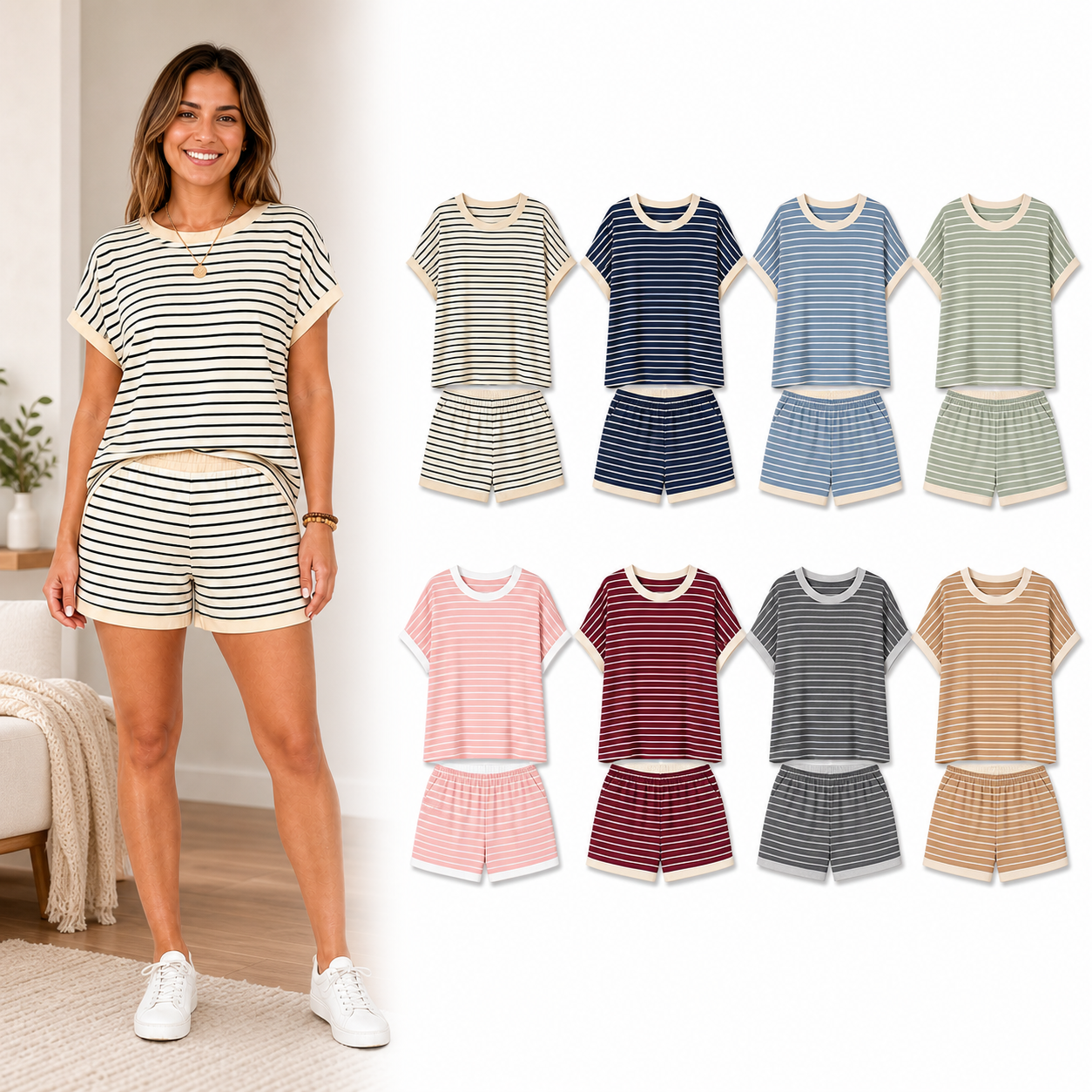 Women's Striped Contrast-Trim Top & Shorts Lounge Set