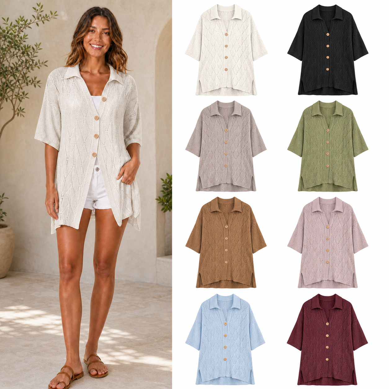 ⏰Seasonal Clearance Sale🔥Women's Longline Openwork Knit Collared Cardigan