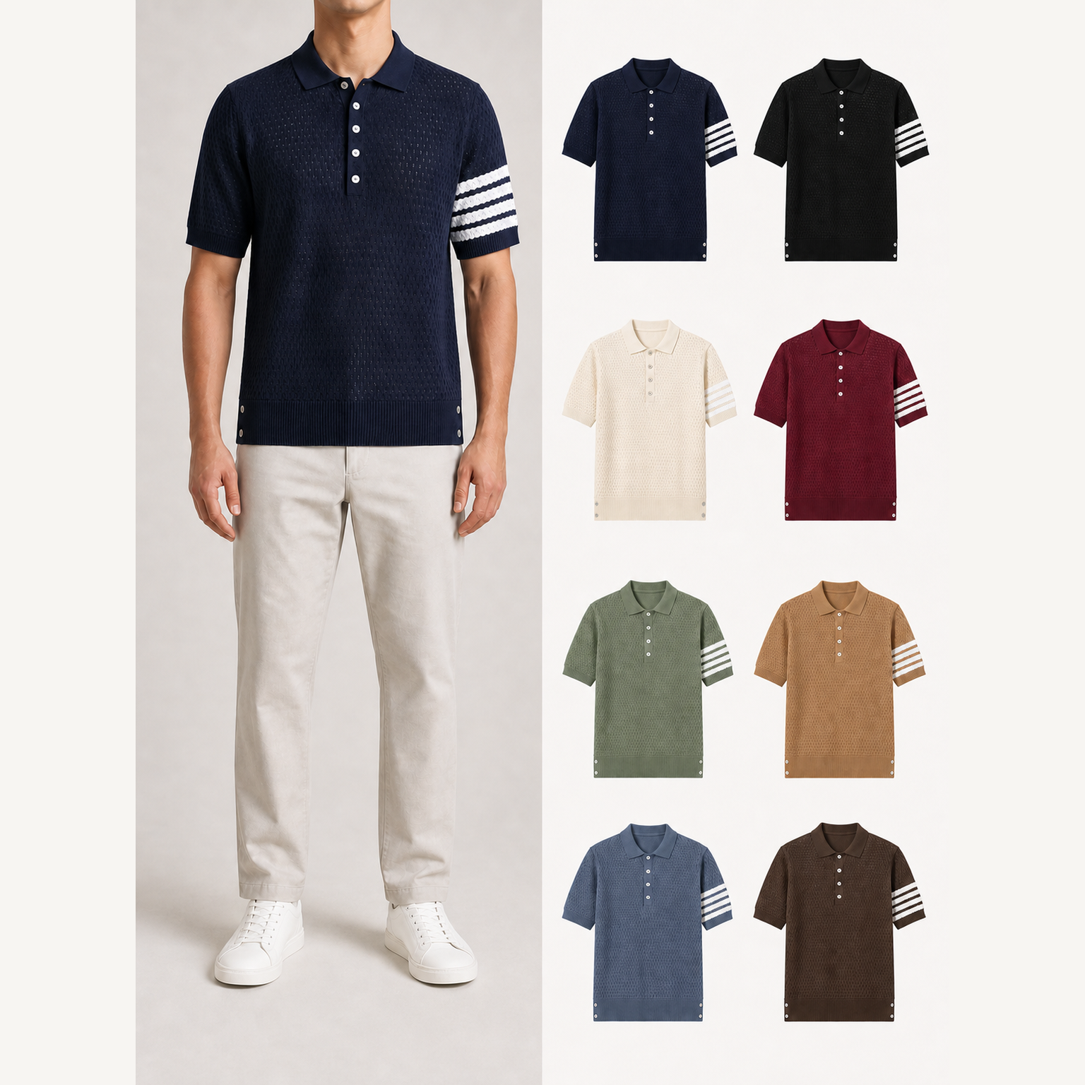 ⏰Seasonal Clearance Sale🔥Men's Four-Stripe Textured Knit Short Sleeve Polo