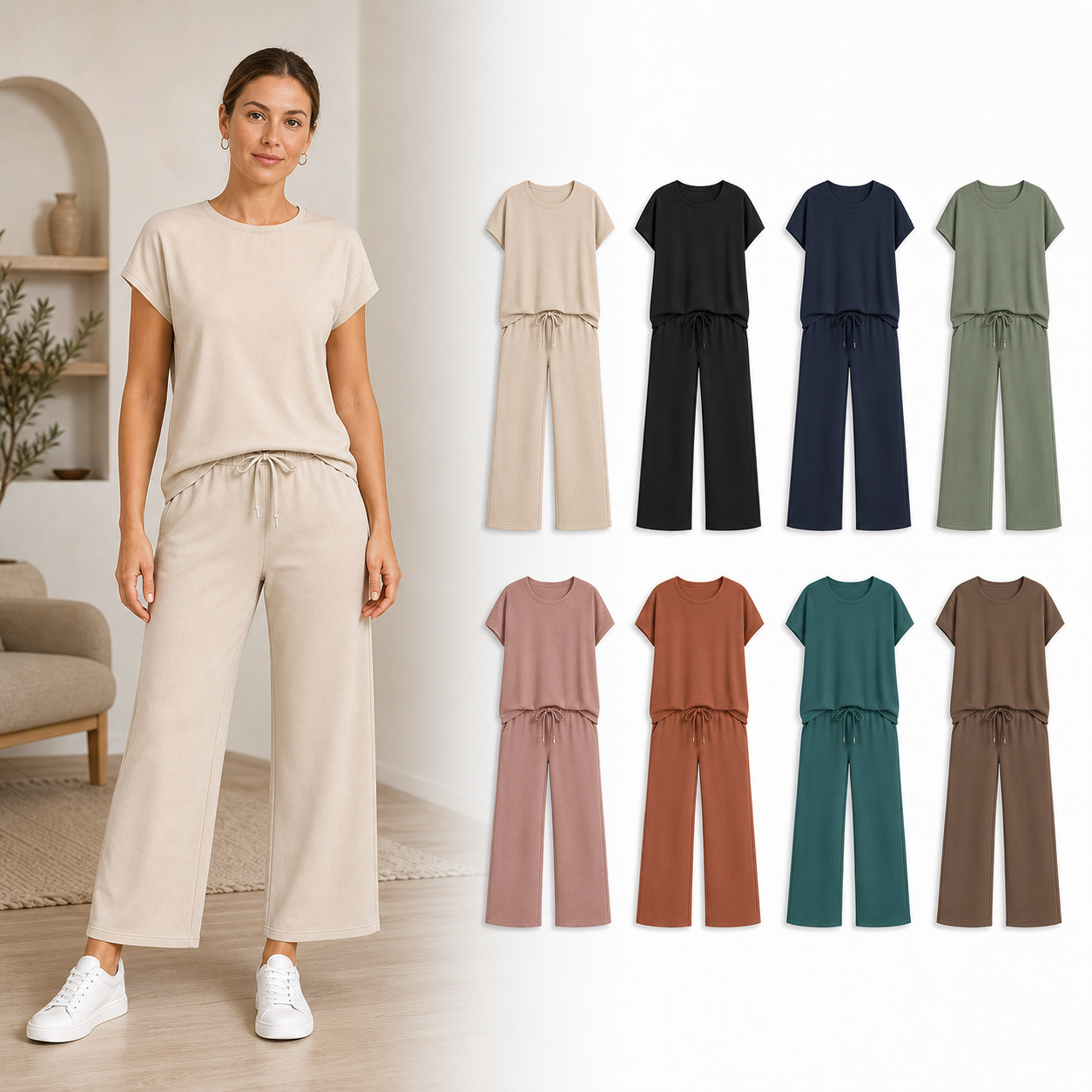 Women's Relaxed Short-Sleeve Wide-Leg Matching Set