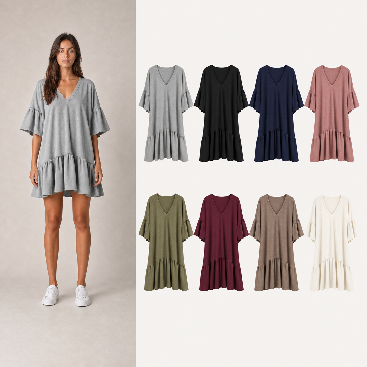 ⏰Seasonal Clearance Sale🔥Women's V-Neck Ruffle Sleeve Drop-Waist Mini Dress