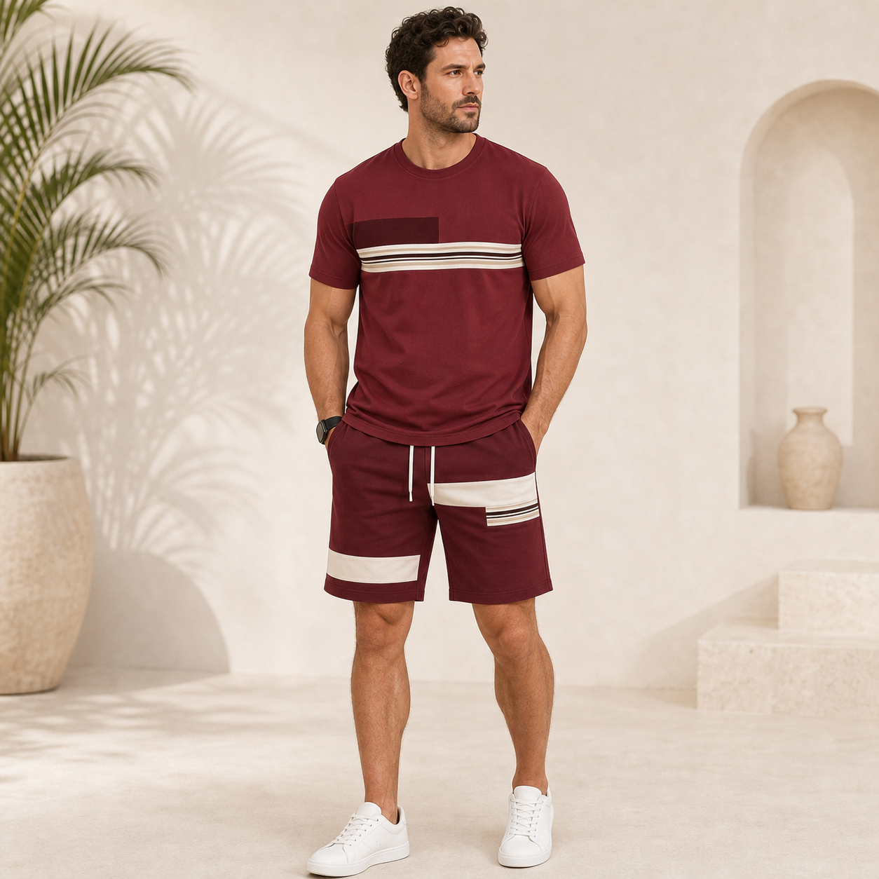 Burgundy single color mens summer matching set model
