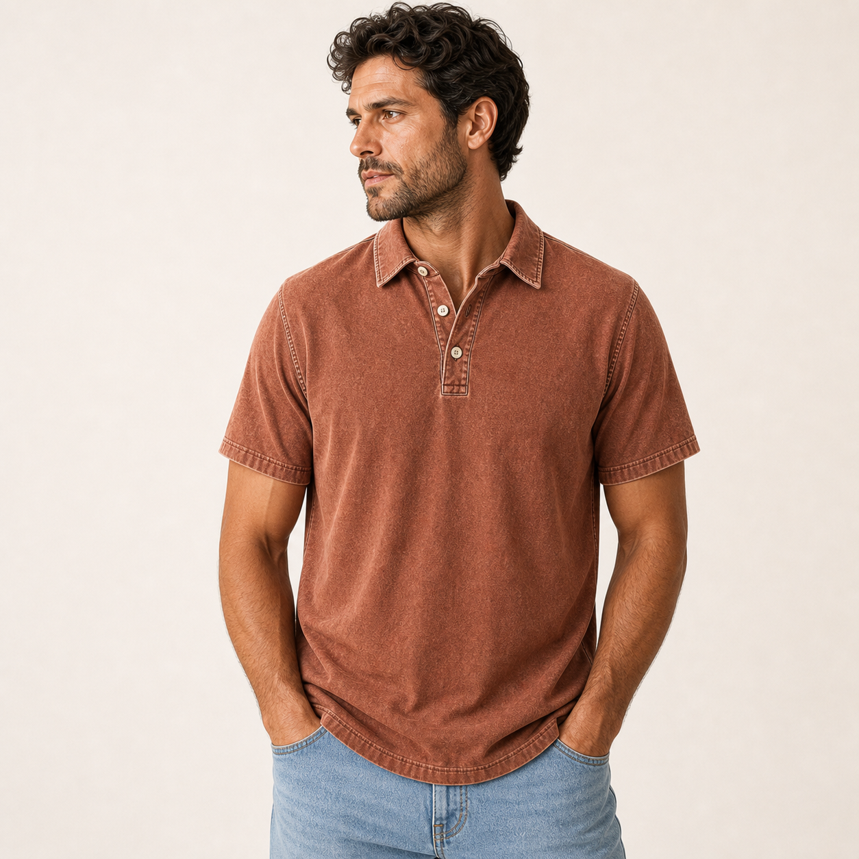 Rust Brown single color washed denim polo model