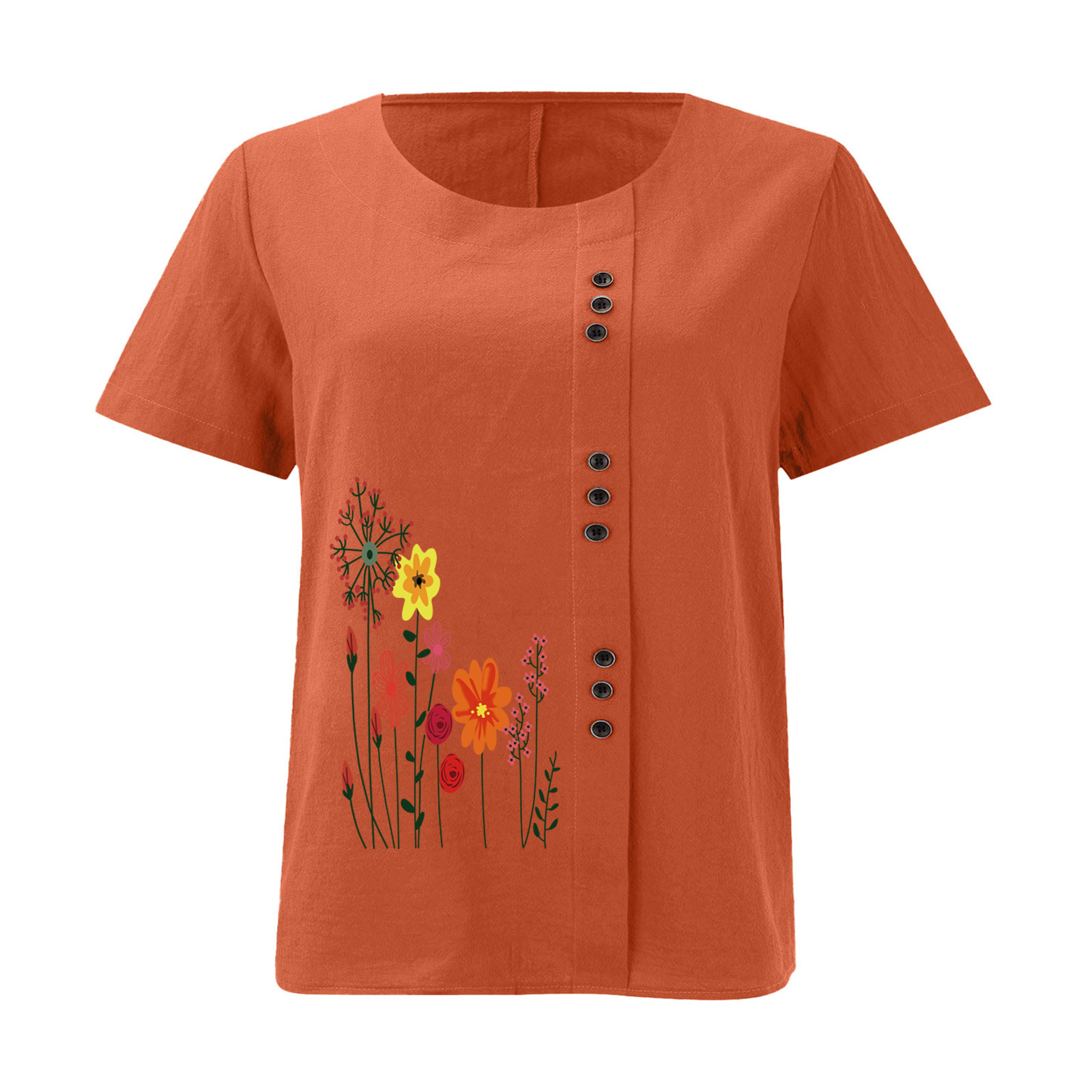 Women’s Floral Print Side Button Top – Casual Elegant Short Sleeve Blouse