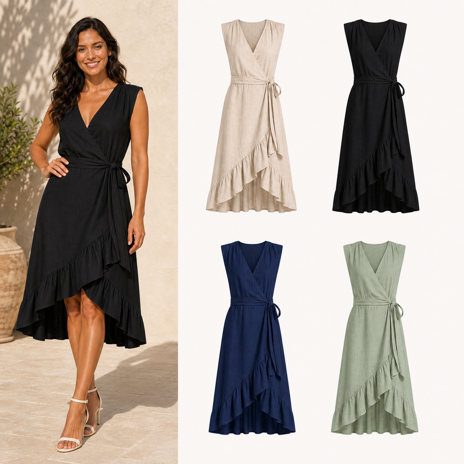 ⏰Seasonal Clearance Sale🔥Women's V-Neck Sash Waist High-Low Ruffle Wrap Midi Dress