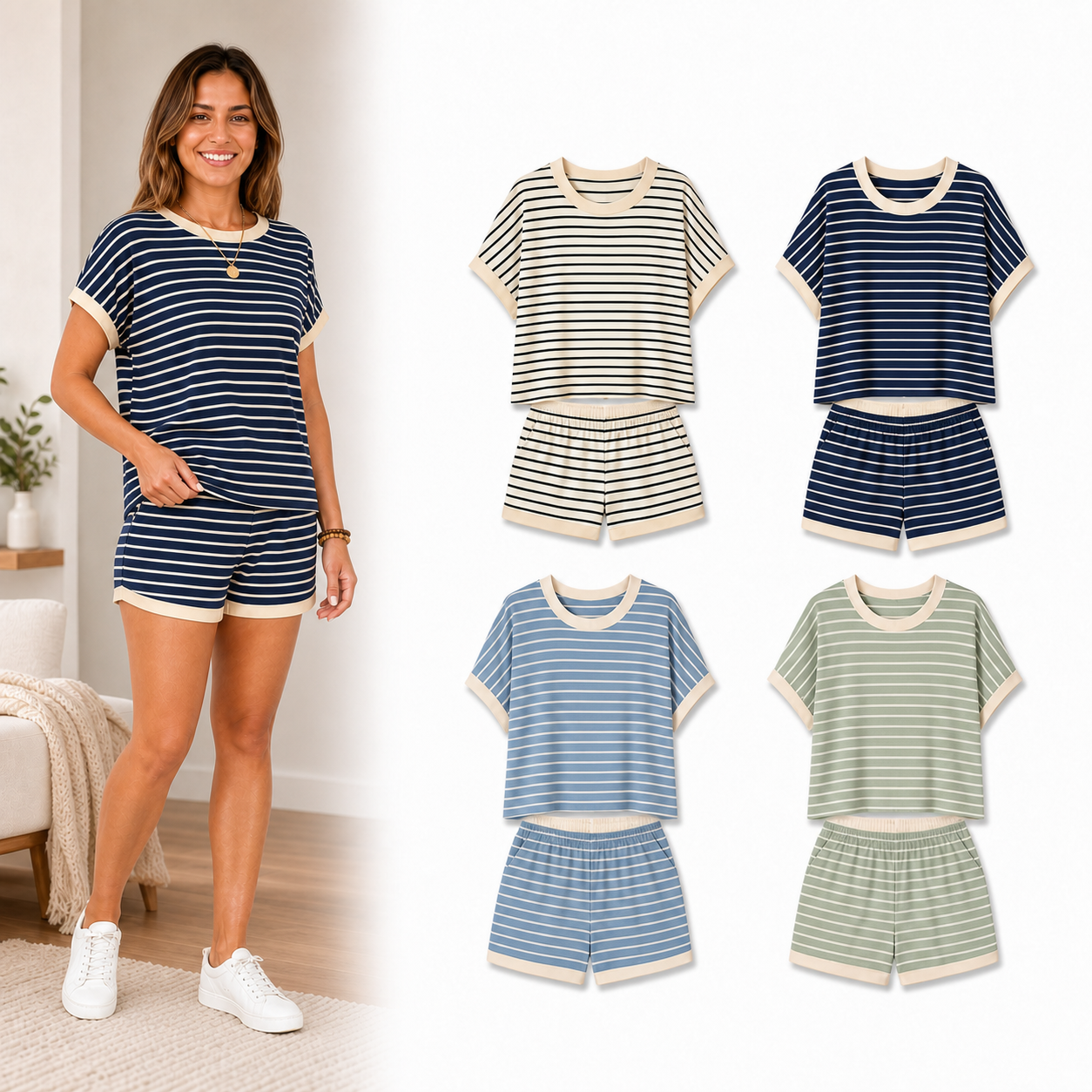Women's Striped Contrast-Trim Top & Shorts Lounge Set