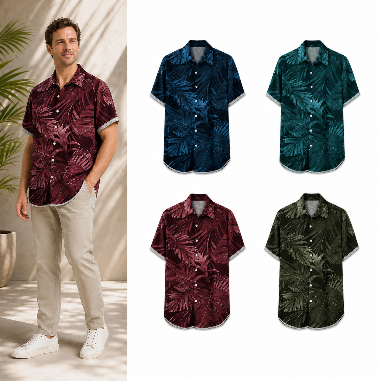 ⏰Seasonal Clearance Sale🔥Men's Tropical Leaf Relaxed Short-Sleeve Shirt Set