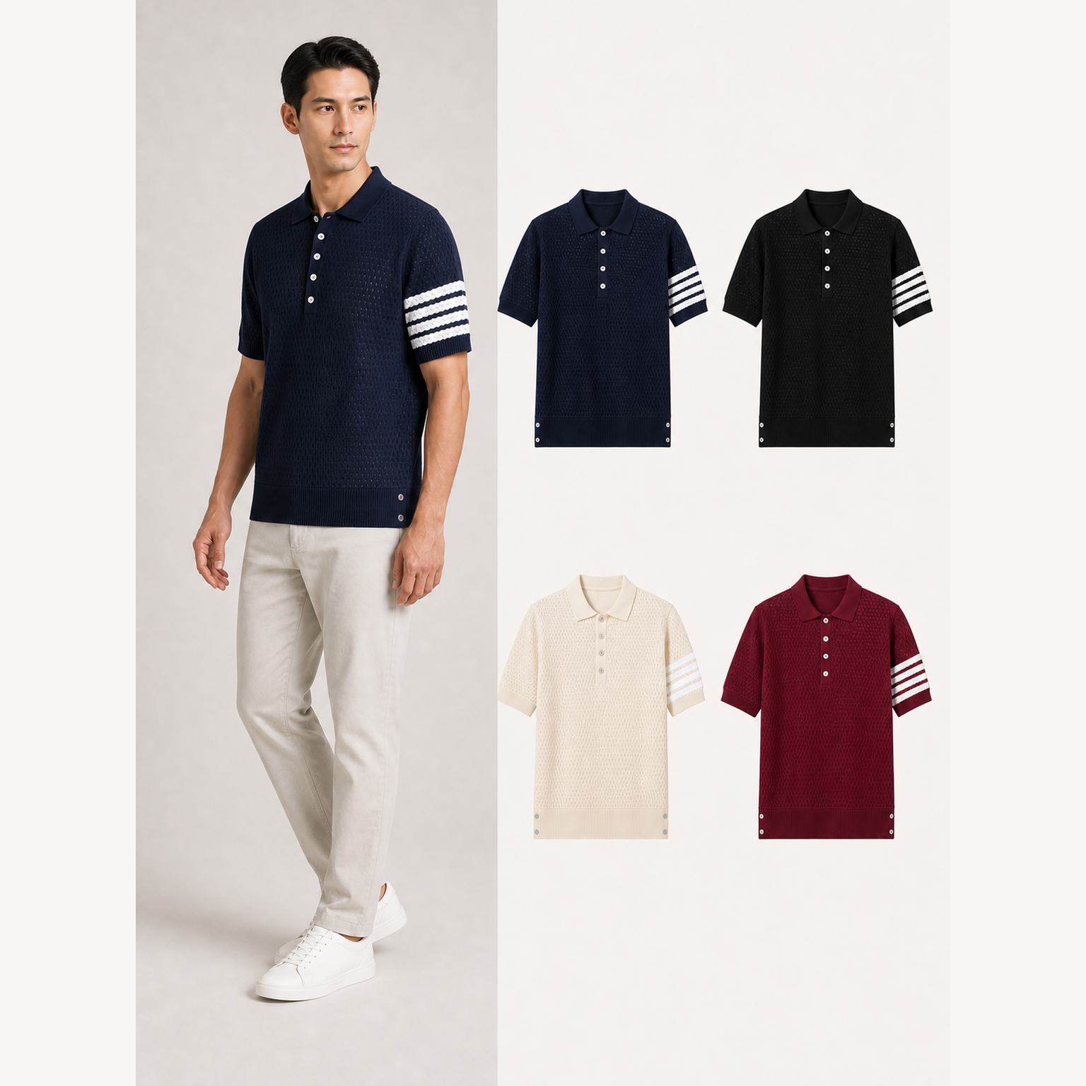 ⏰Seasonal Clearance Sale🔥Men's Four-Stripe Textured Knit Short Sleeve Polo