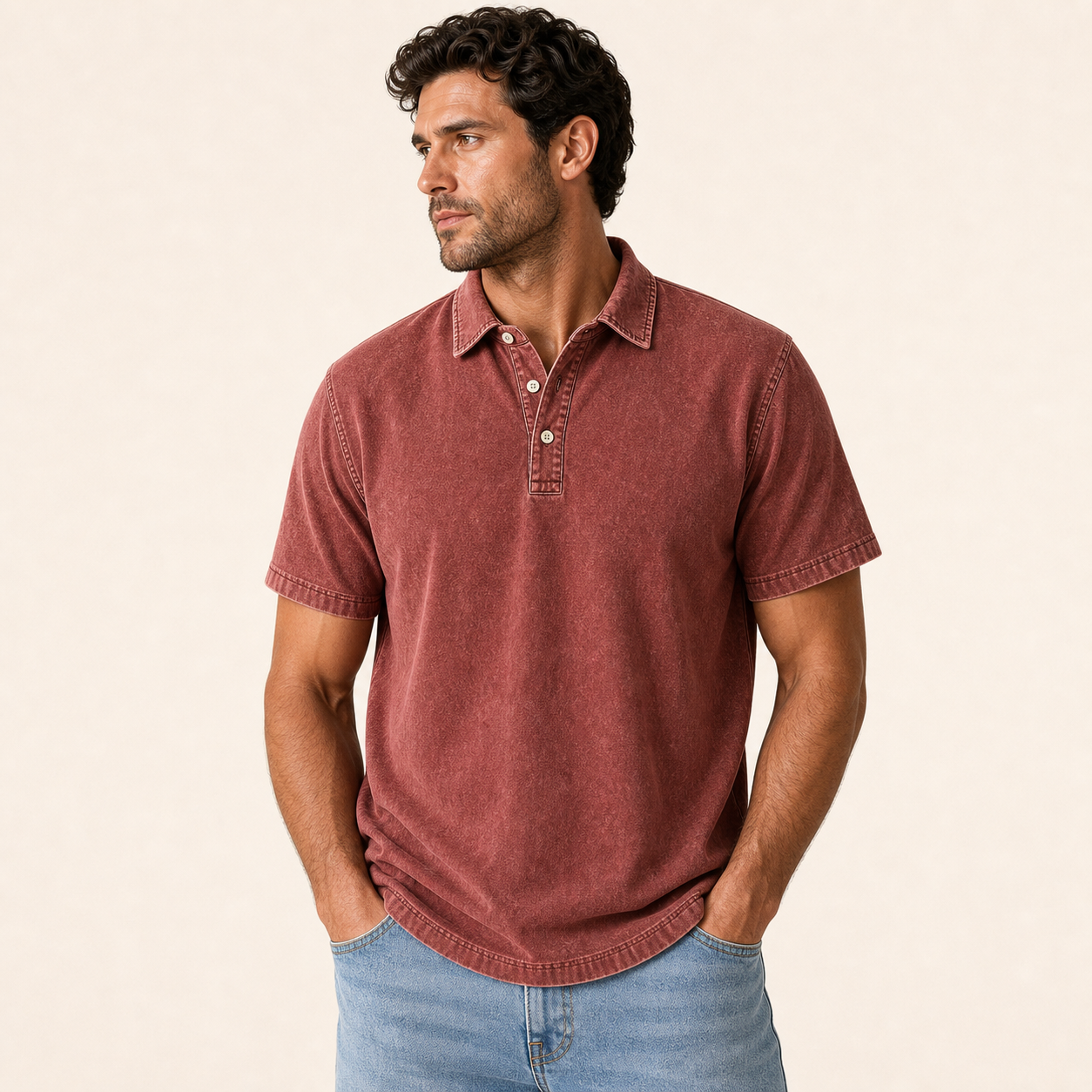 Brick Red single color washed denim polo model