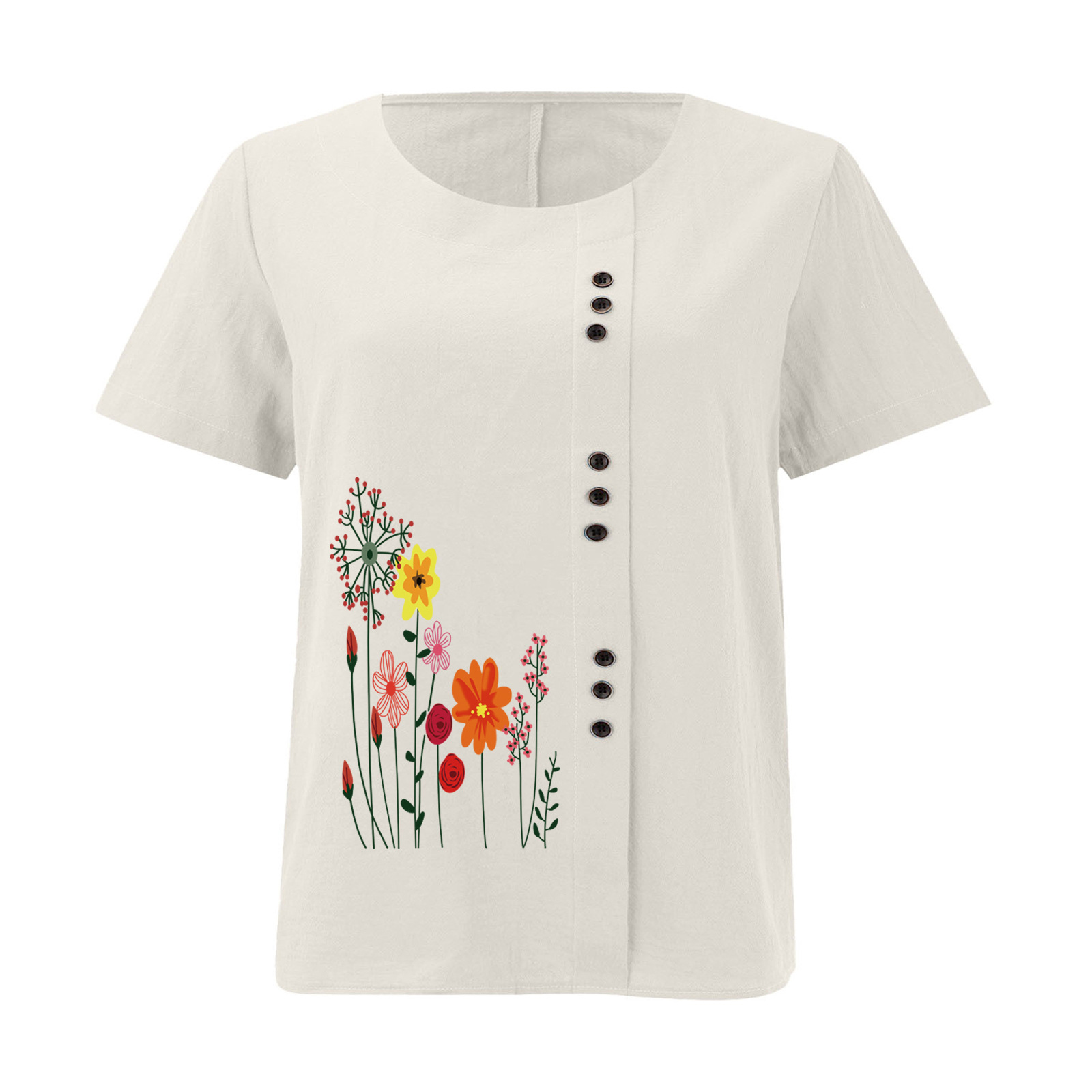 Women’s Floral Print Side Button Top – Casual Elegant Short Sleeve Blouse
